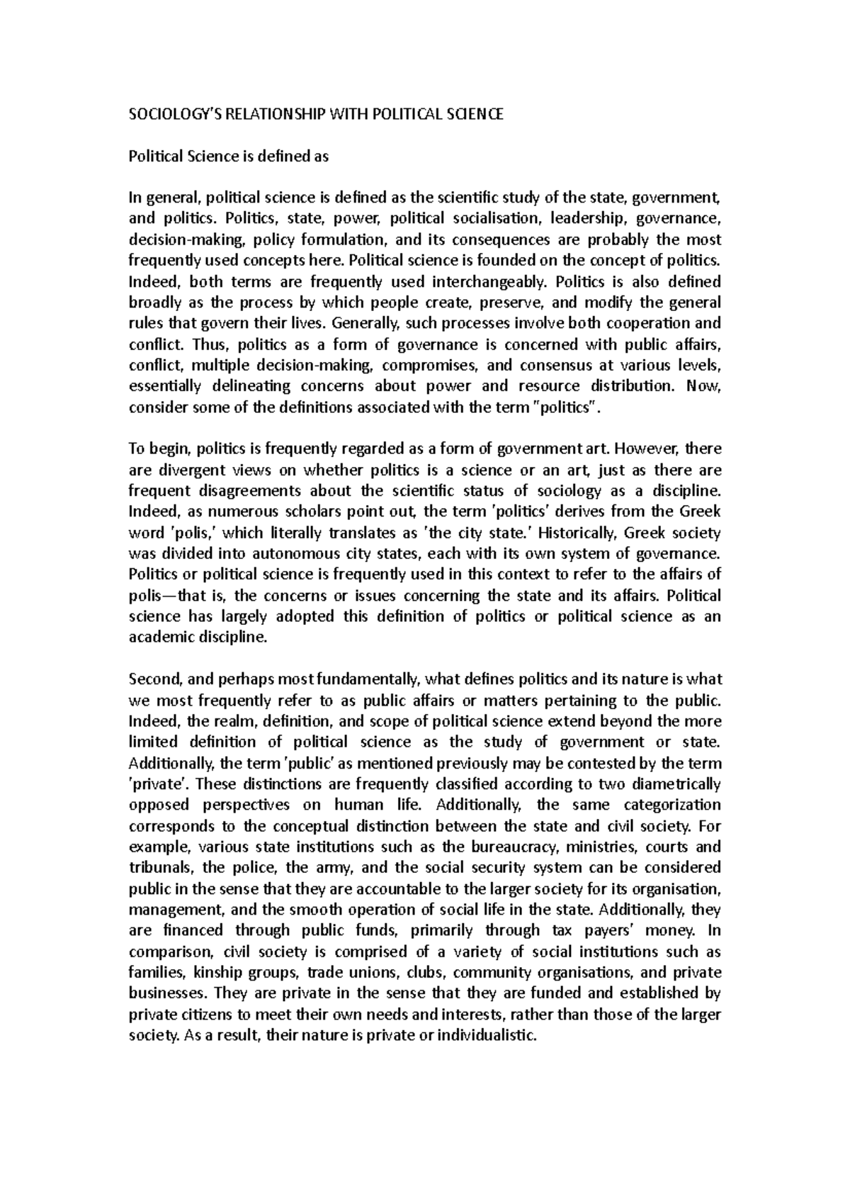 Sociology'S Relationship WITH Political Science - Sociology I - Studocu
