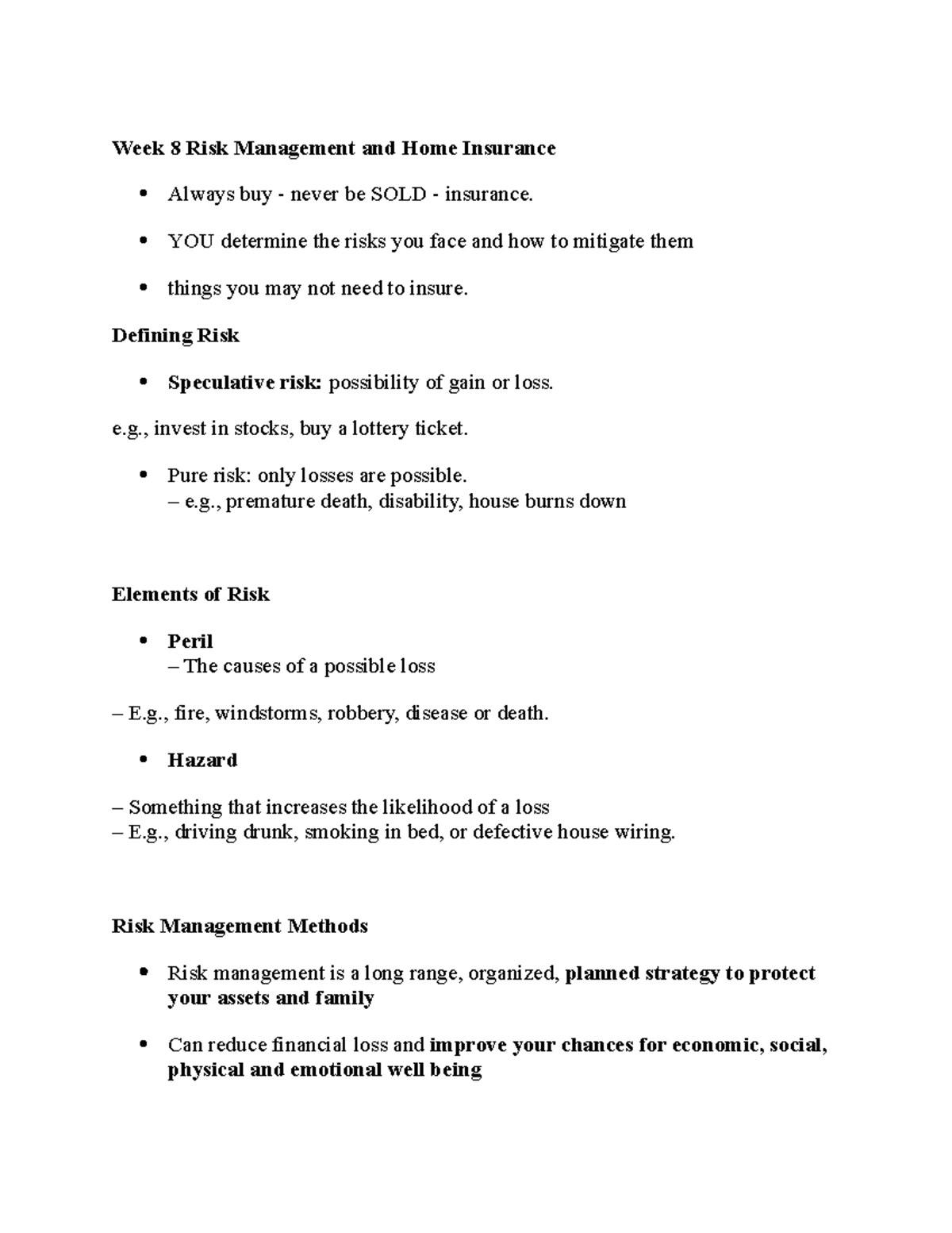 Week 8 Risk Management and Home Insurance - Week 8 Risk Management and ...