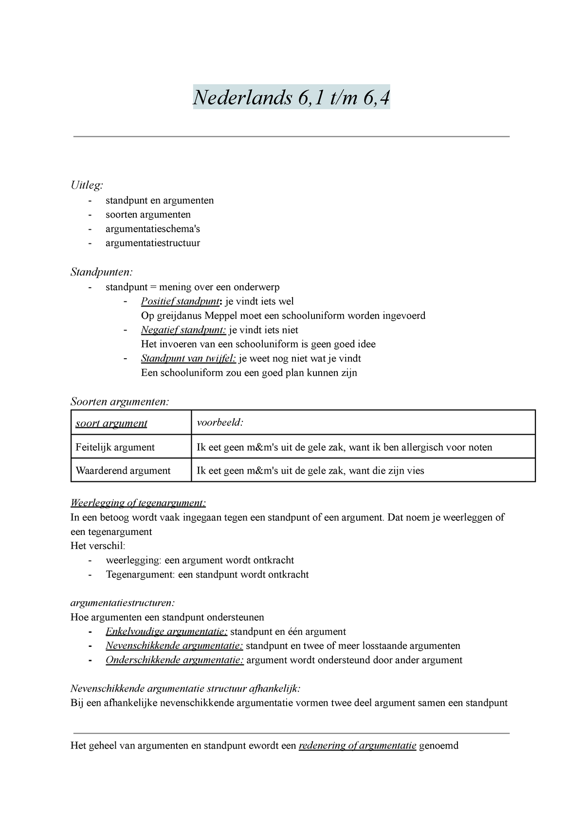 Nederlands Argumenteren - Nederlands 6,1 T/m 6, Uitleg: Standpunt En ...