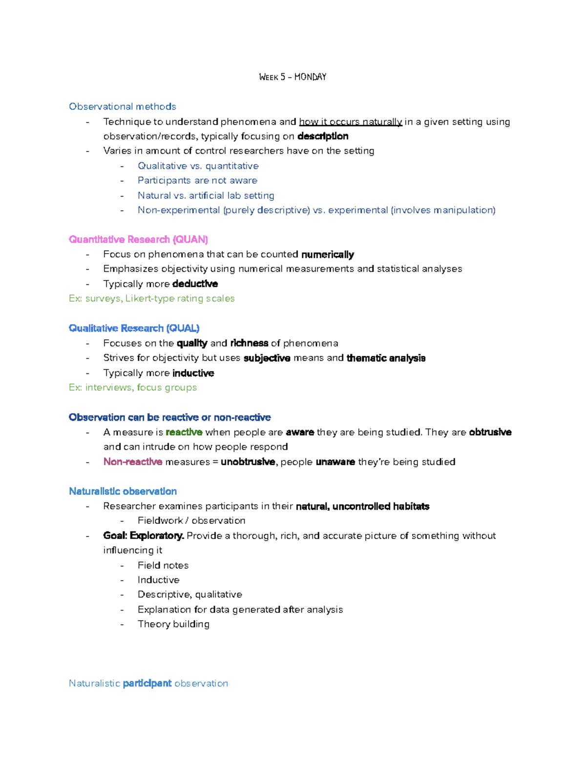 Psych 204 Research Methods - Week 5 Class Notes - Week 5 - MONDAY ...