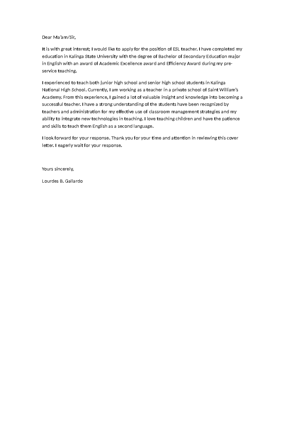 Application letter - sample only - Dear Ma’am/Sir, It is with great ...
