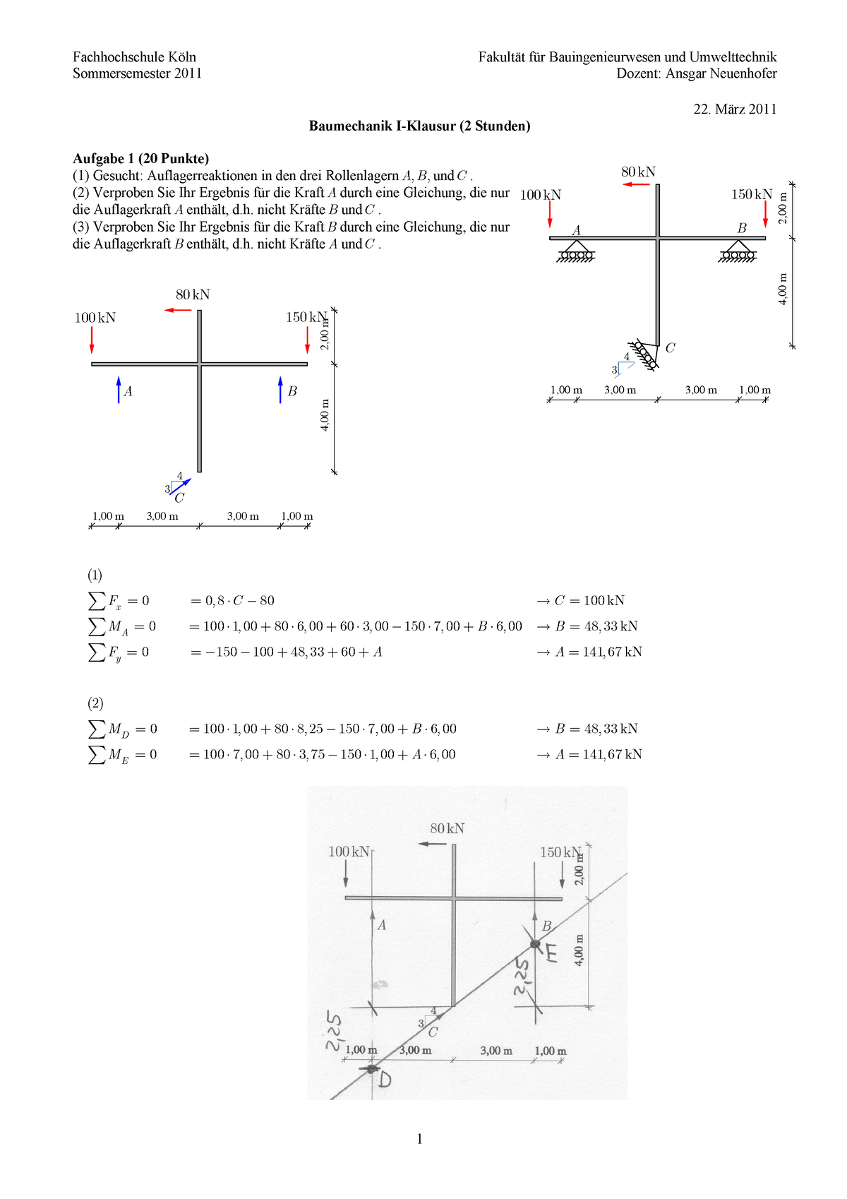 Klausur Loesung Sommersemester Dozent Ansgar Neuenhofer M Rz Baumechanik I
