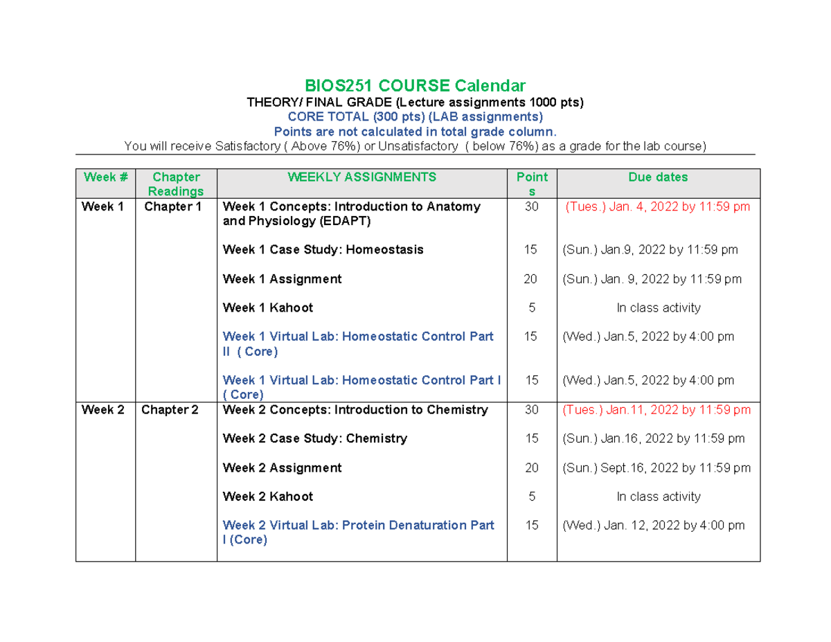 BIOS251 Course calender Jan22 - BIOS251 COURSE Calendar THEORY/ FINAL ...