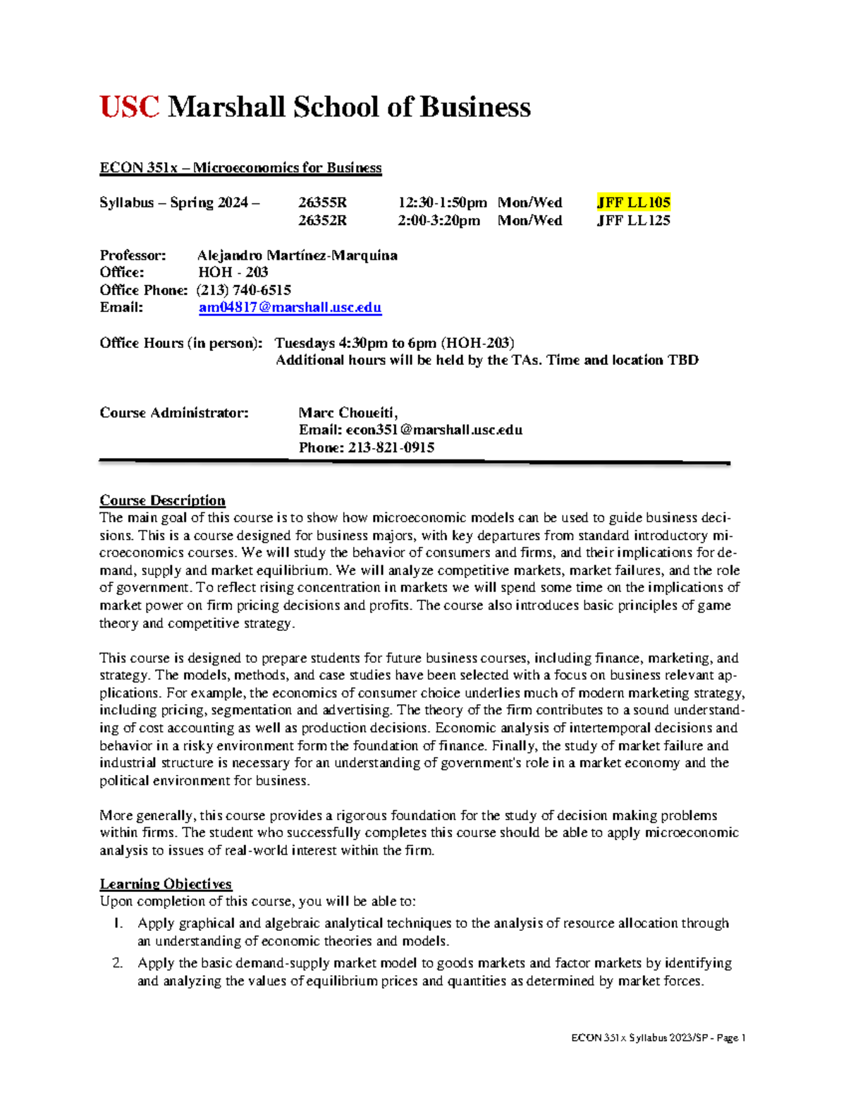Syllabus ECON351 2024SP - USC Marshall School of Business ECON 351x ...
