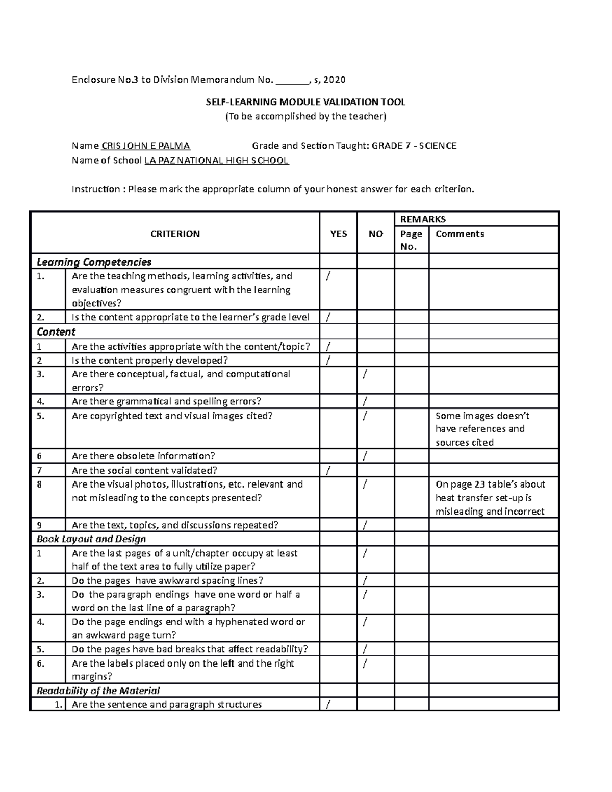 Palma G7LAS validation tool - Enclosure No to Division Memorandum No ...