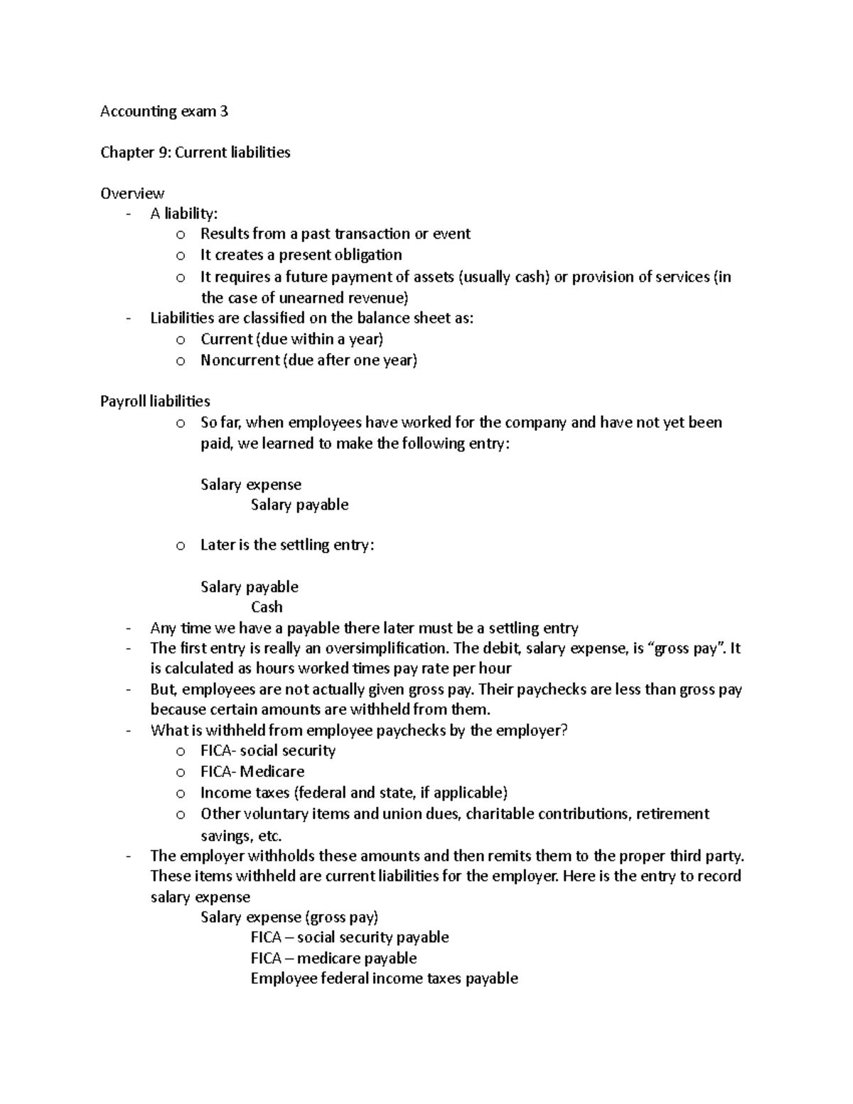 Accounting exam 3 - Notes I took from class lecture - Accounting exam 3 ...