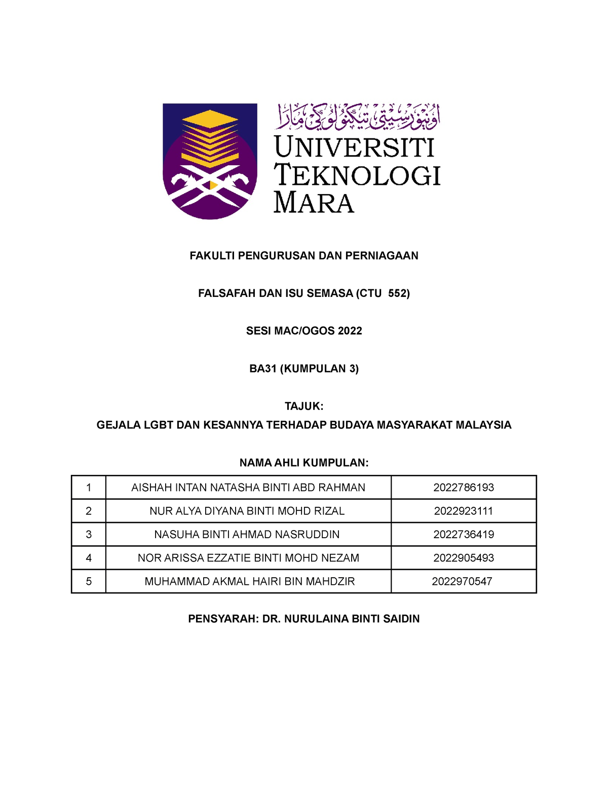 CTU552 - Example Of Report Assignment - FAKULTI PENGURUSAN DAN ...