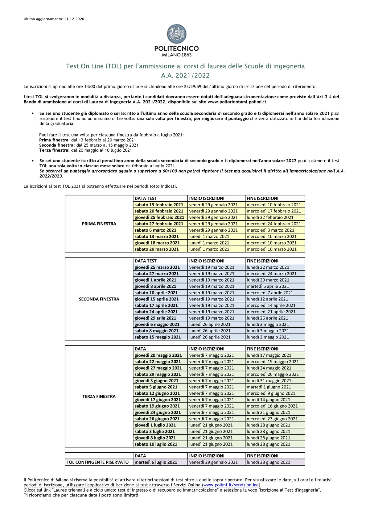 Politecnico ammissione lauree magistrali Ultimo aggiornamento 21