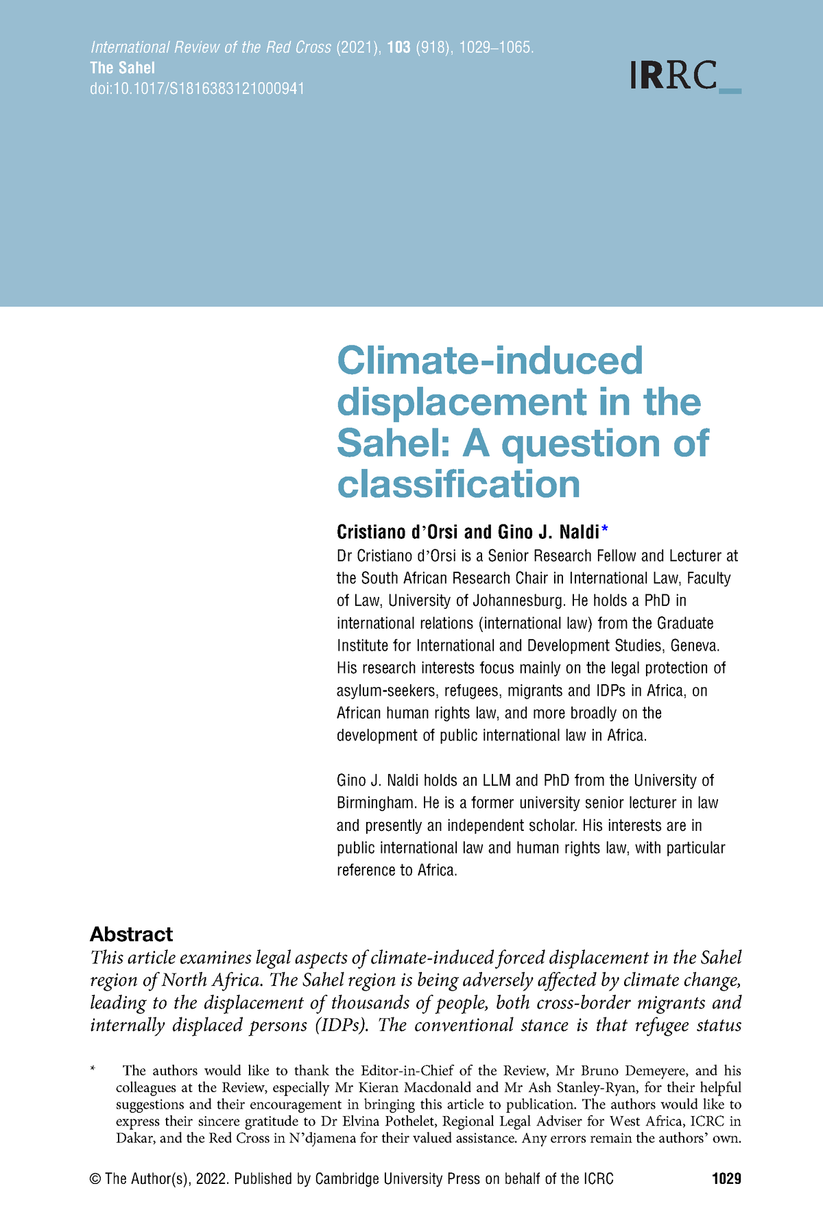 Climate induced displacement in the sahel classification 918 - Climate ...