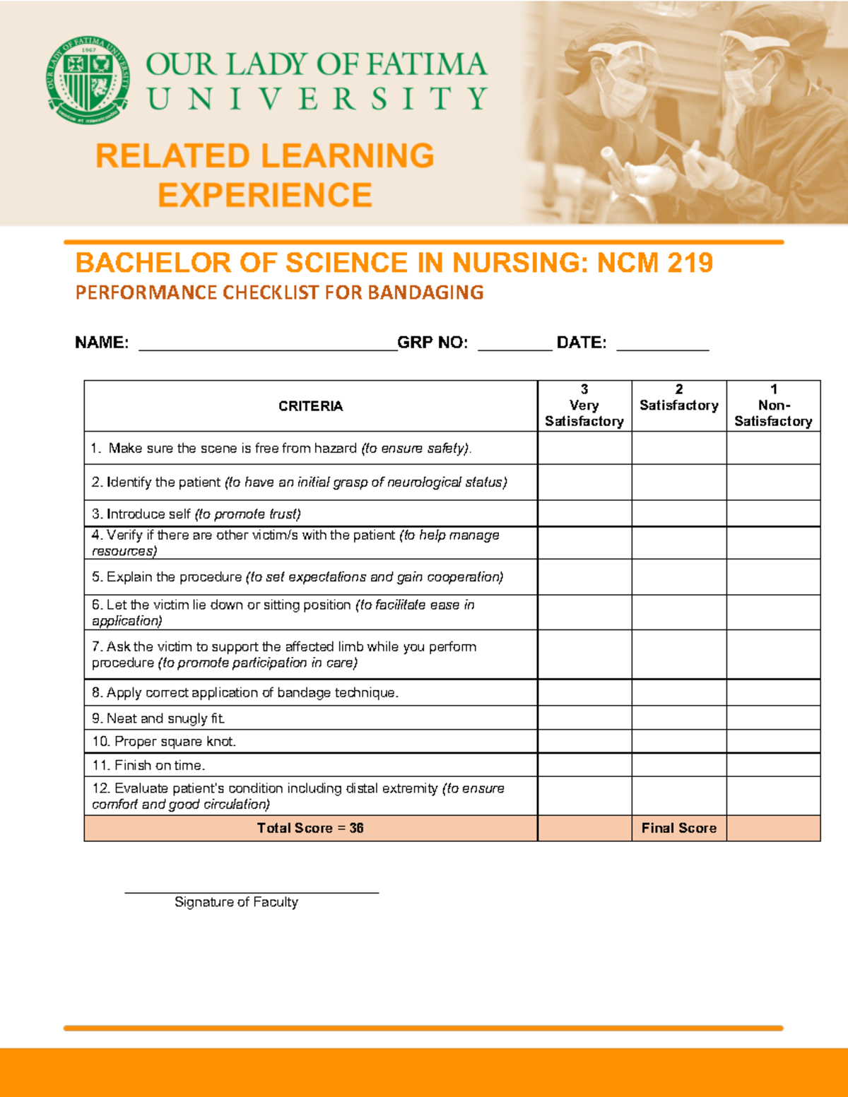 Rubrics Bandaging BACHELOR OF SCIENCE IN NURSING NCM 219 PERFORMANCE CHECKLIST FOR