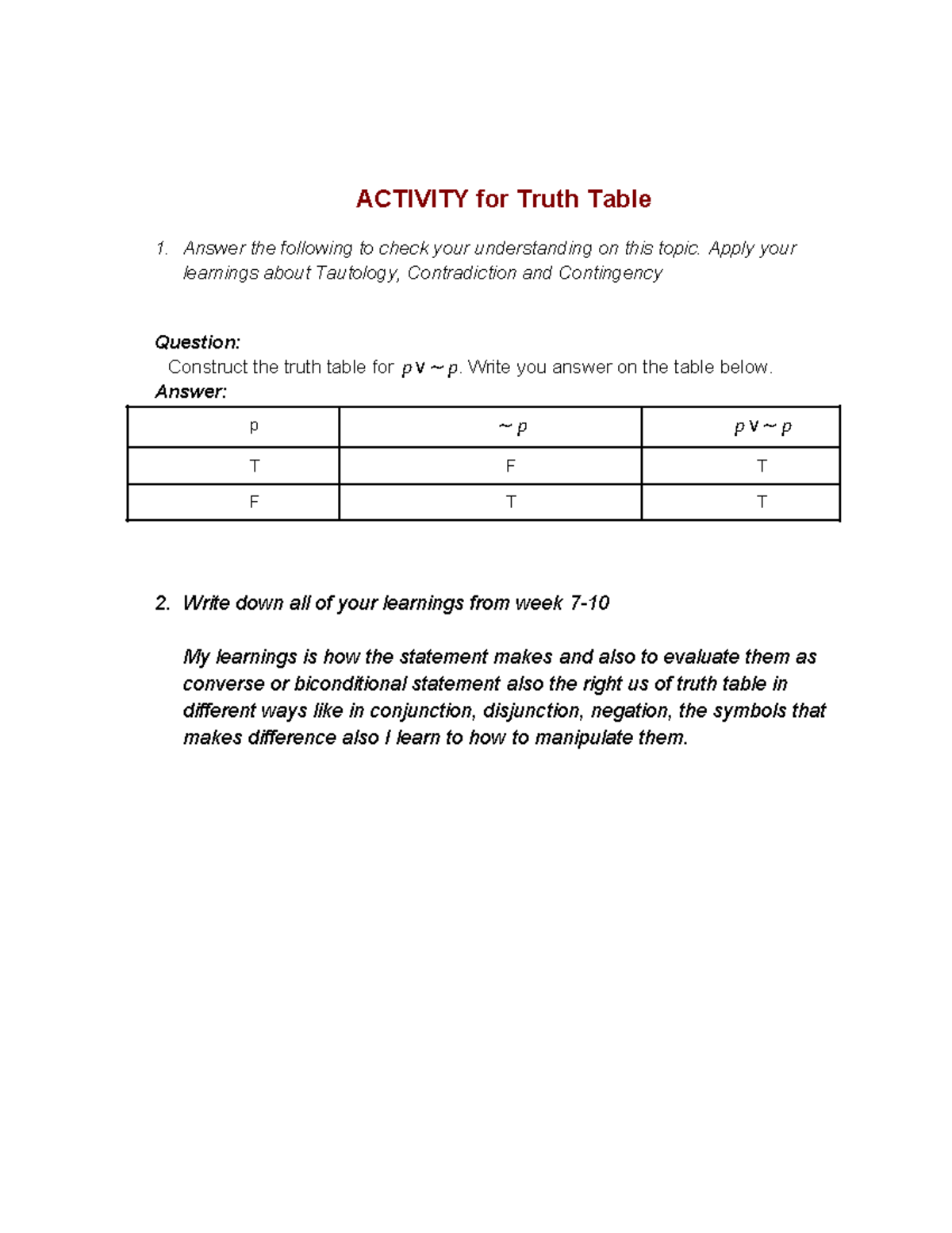 Activity for truth table - ACTIVITY for Truth Table 1. Answer the ...