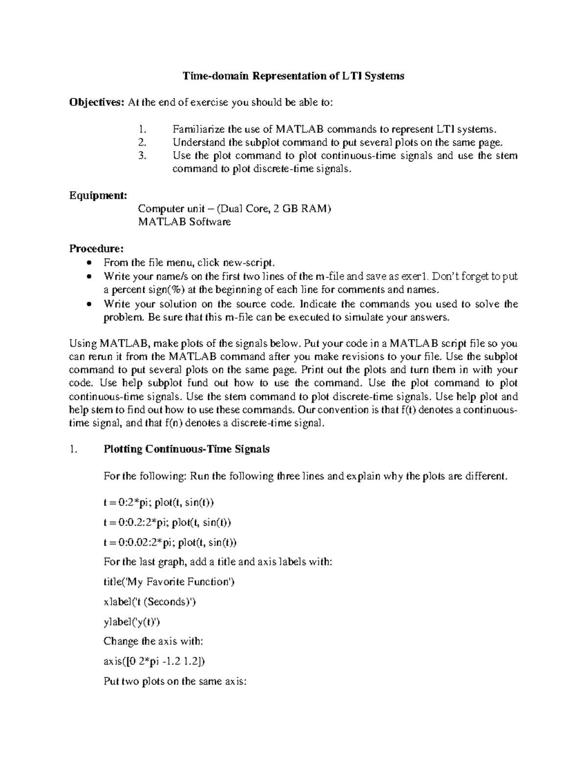 Digital Signal Processing Exercise 3 Timedomain Representation of