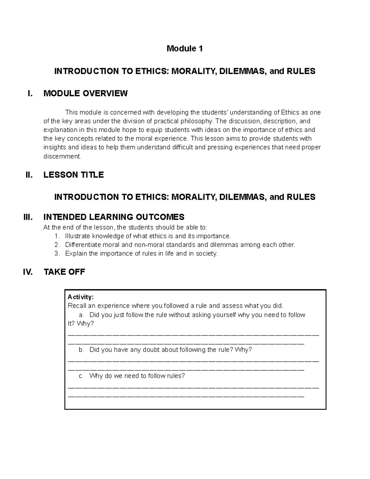 Students' Copy Of Ethics With Peace Ed Module Prelims - Module 1 ...