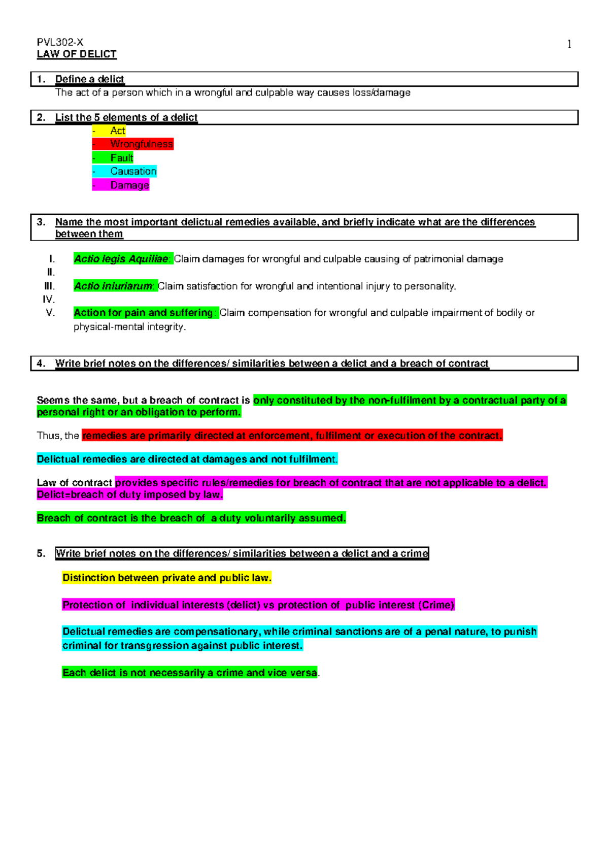 PVL3703-law of delict - all questions - LAW OF DELICT Define a delict ...