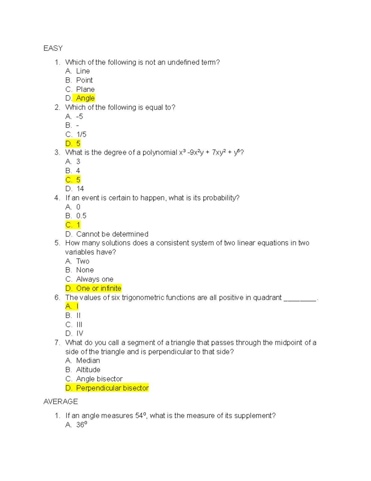 MATH QUIZ BEE lecture EASY Which of the following is not an