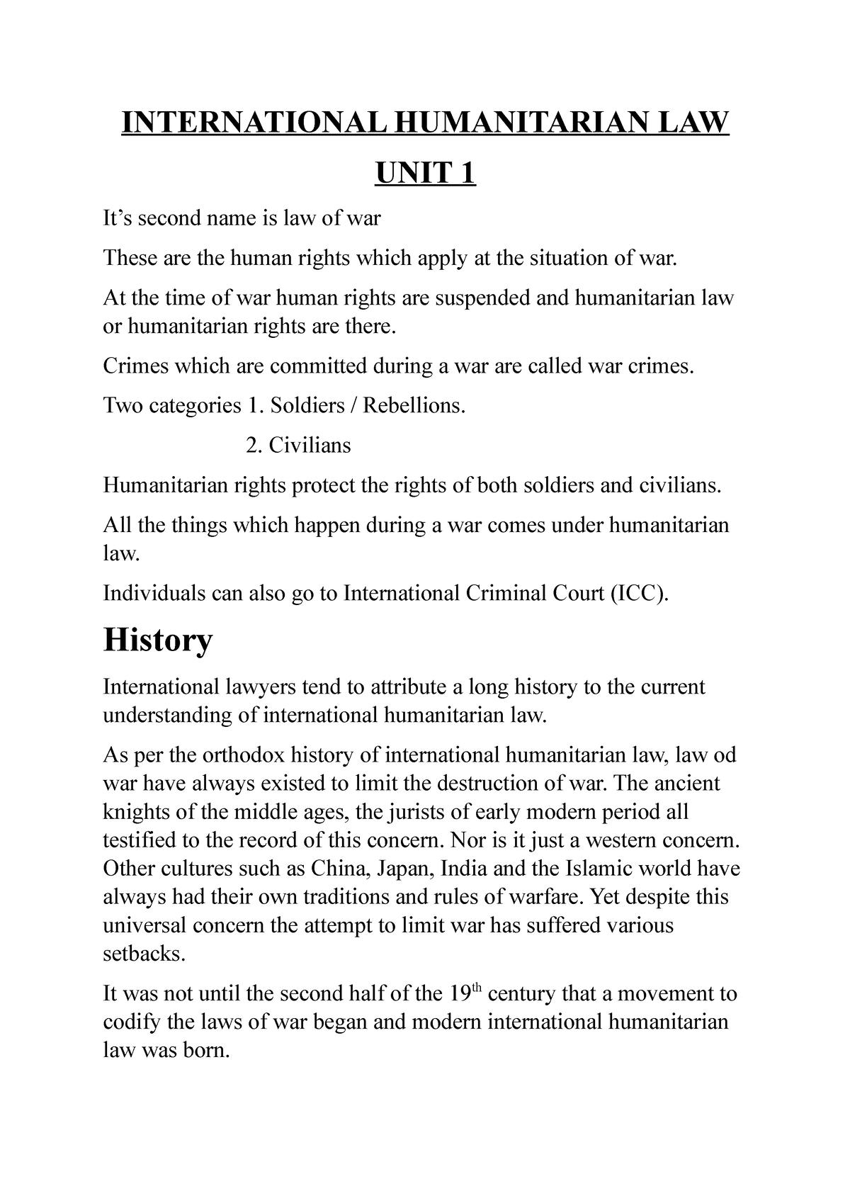 IHL Notes - INTERNATIONAL HUMANITARIAN LAW UNIT 1 It’s Second Name Is ...