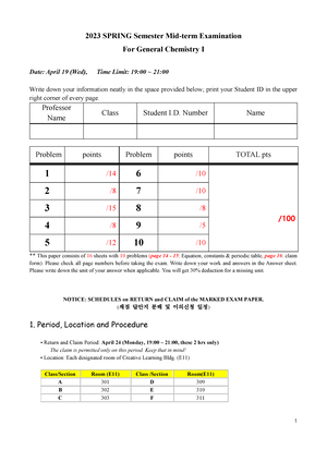 2020 1 CH101 Final - 20 20 Spring Semester Final Examination For ...