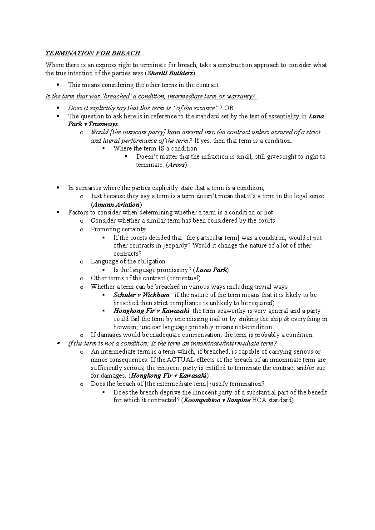 Exam guide - answer structures - TERMINATION FOR BREACH Where there is ...