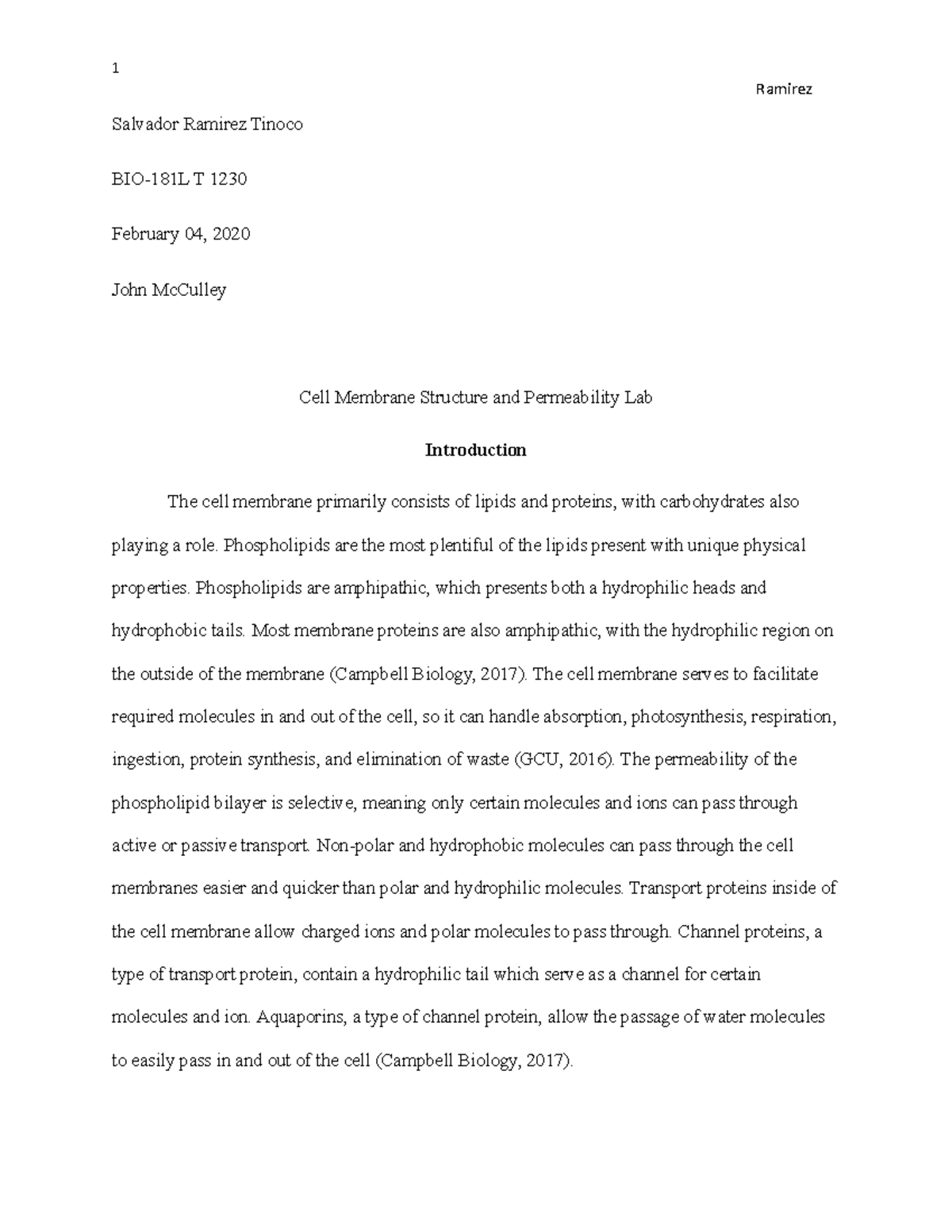 Cell Membrane Structure And Permeability Lab Report Studocu