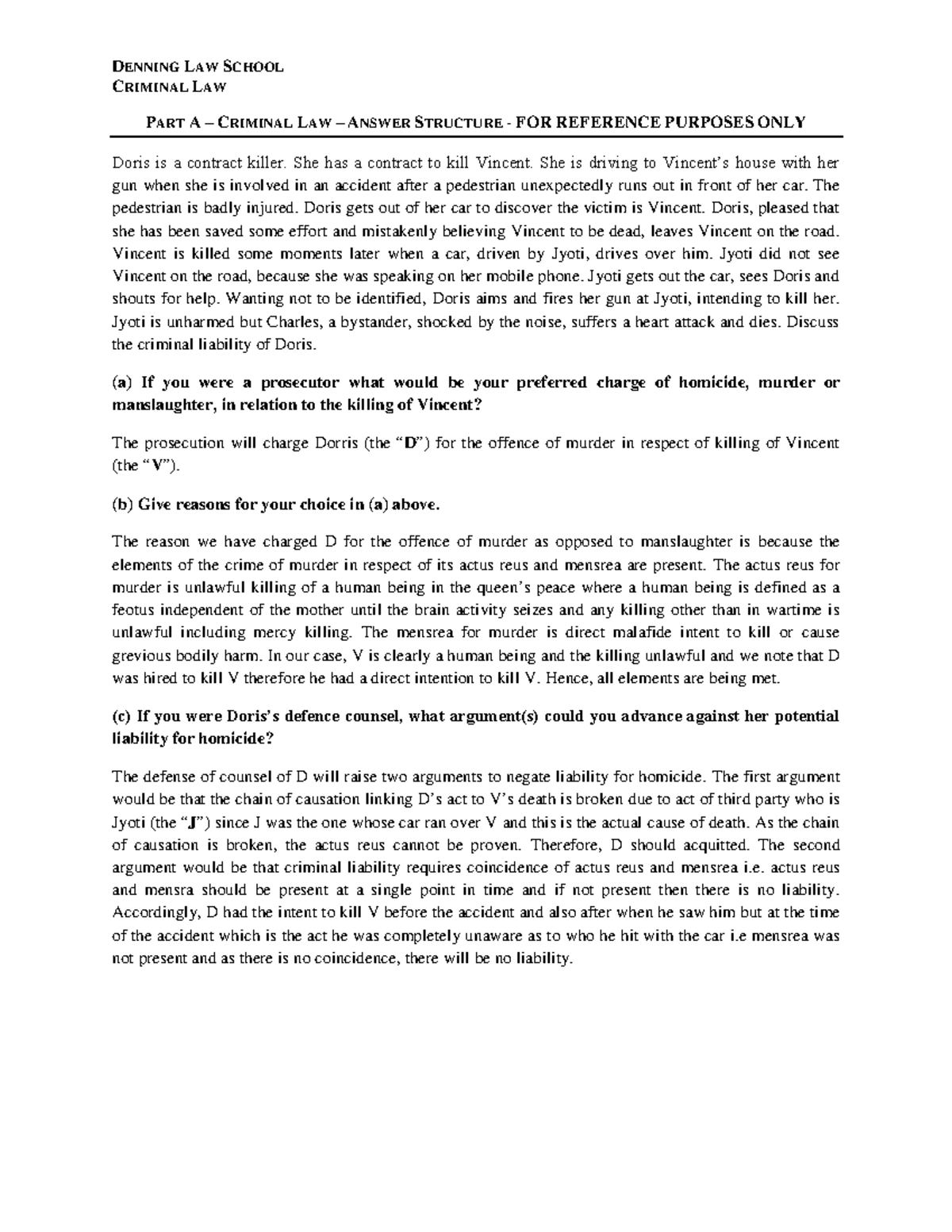 Part A Model Structure 2 DENNING LAW SCHOOL CRIMINAL LAW PART A 