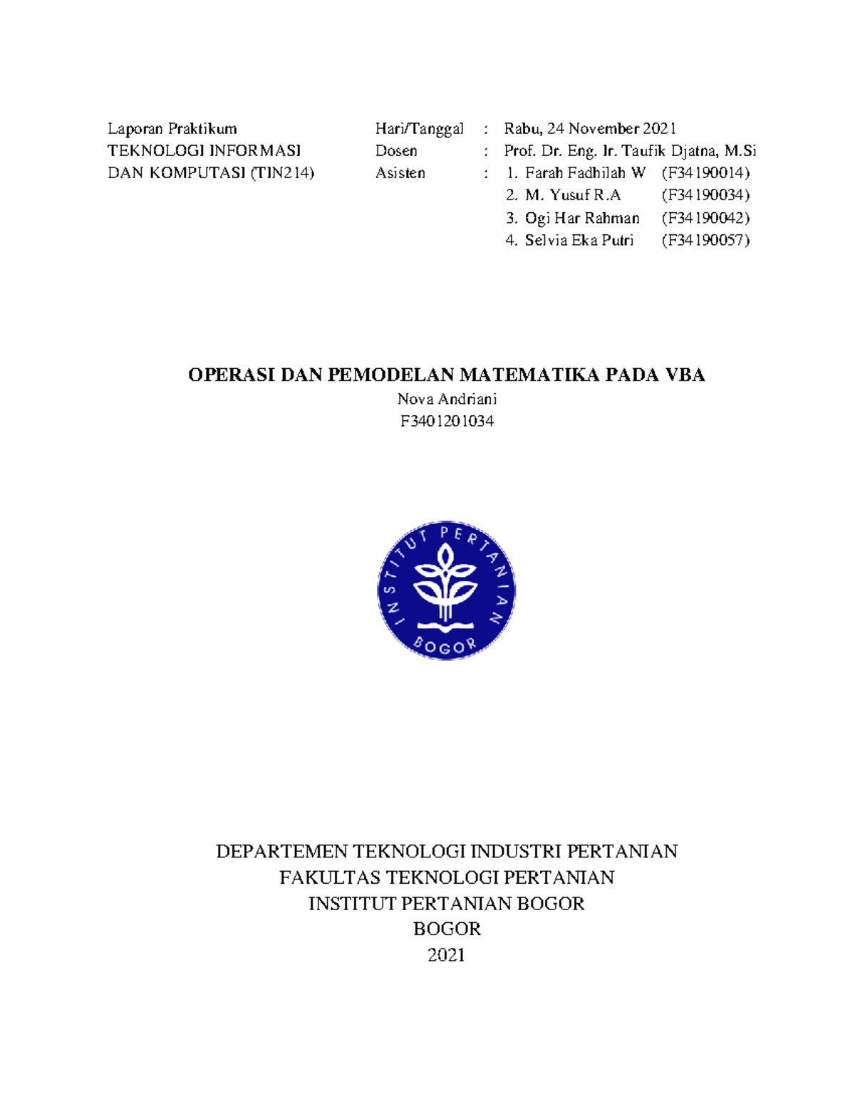 Laporan Praktikum TIK Operasi DAN Pemodelan Matematika PADA VBA ...