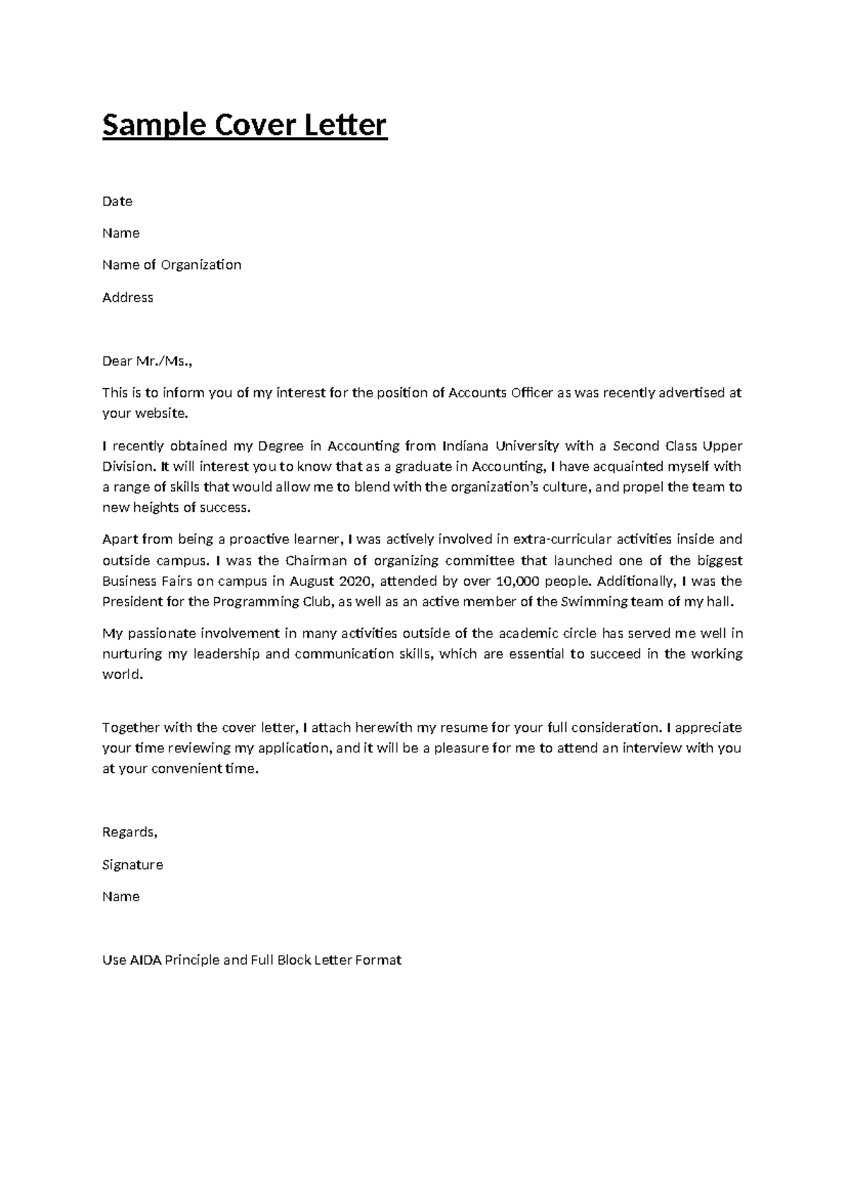 Sample Cover Letter - nothing - Sample Cover Letter Date Name Name of ...