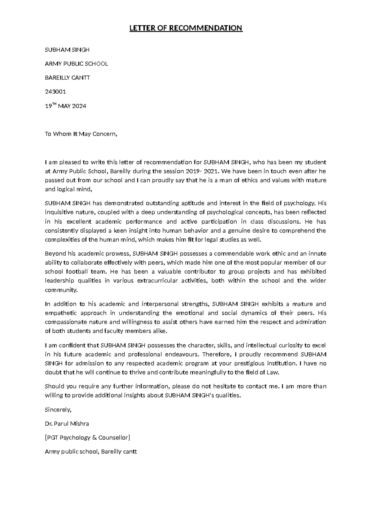 LOC - LETTER OF RECOMMENDATION SUBHAM SINGH ARMY PUBLIC SCHOOL BAREILLY ...