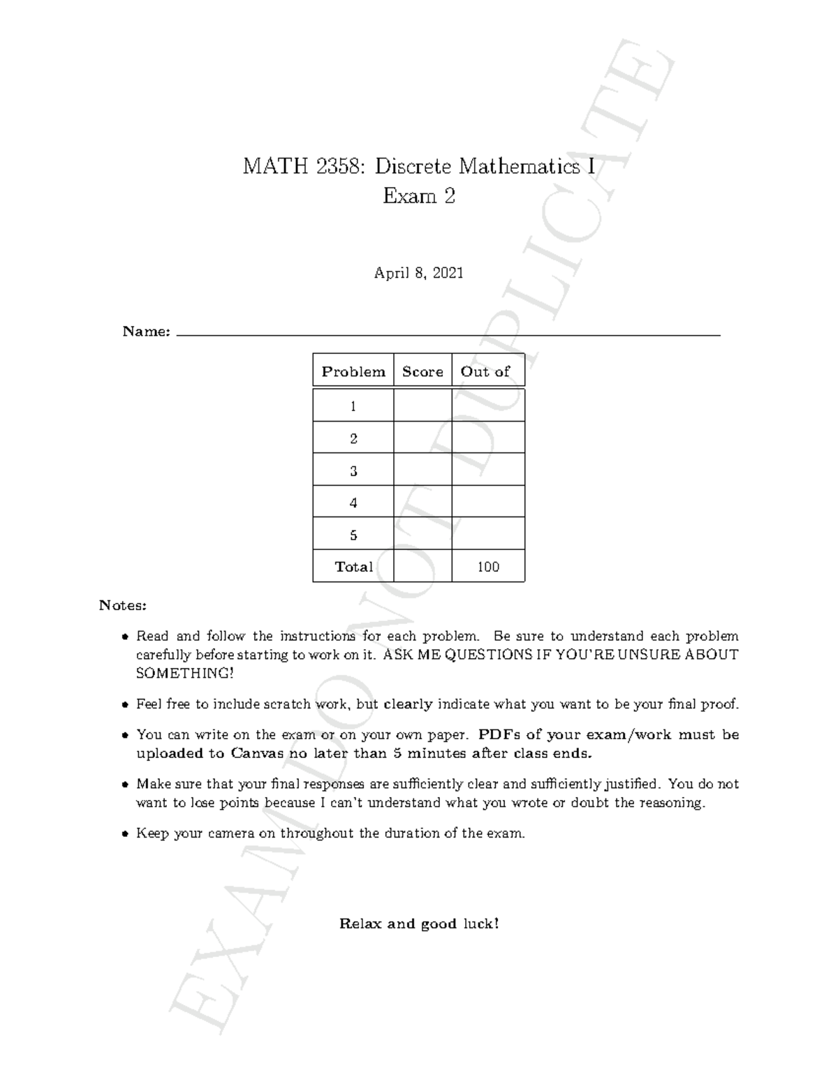 MAT2358 - Exam 2 2021 - all on one page-1 - EXAM DO NOT DUPLICATE MATH ...