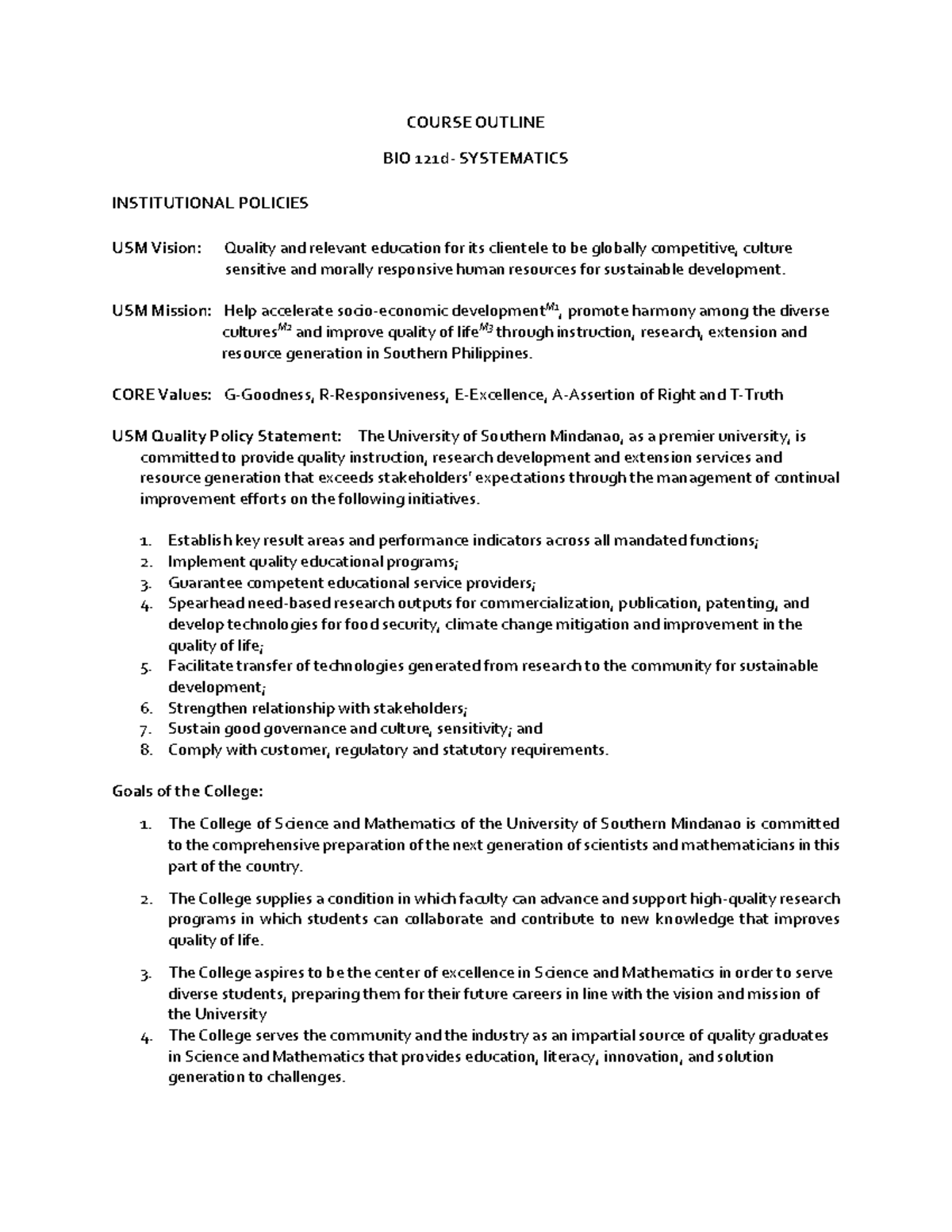 Course Outline - agri - COURSE OUTLINE BIO 121d- SYSTEMATICS ...