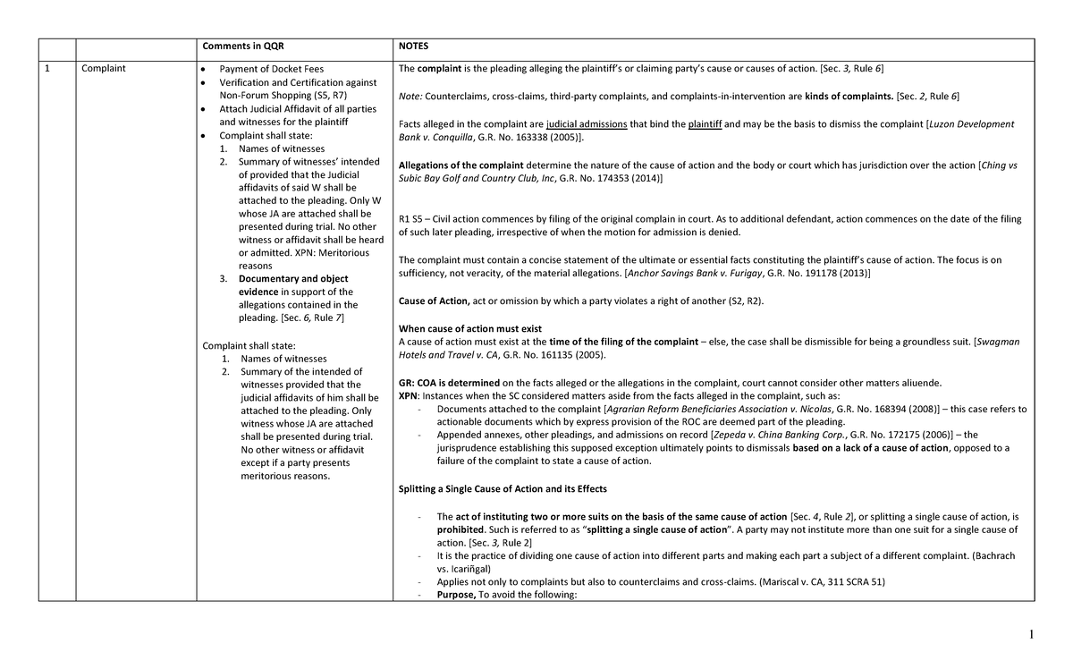 Remrev - REM - Comments in QQR NOTES 1 Complaint • Payment of Docket ...