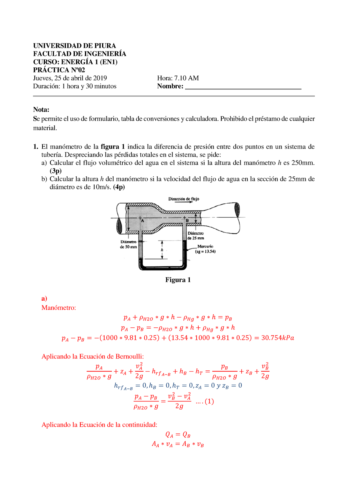 Pc I Segunda Pc Universidad De Piura Facultad De Ingenier A Curso Energ A En