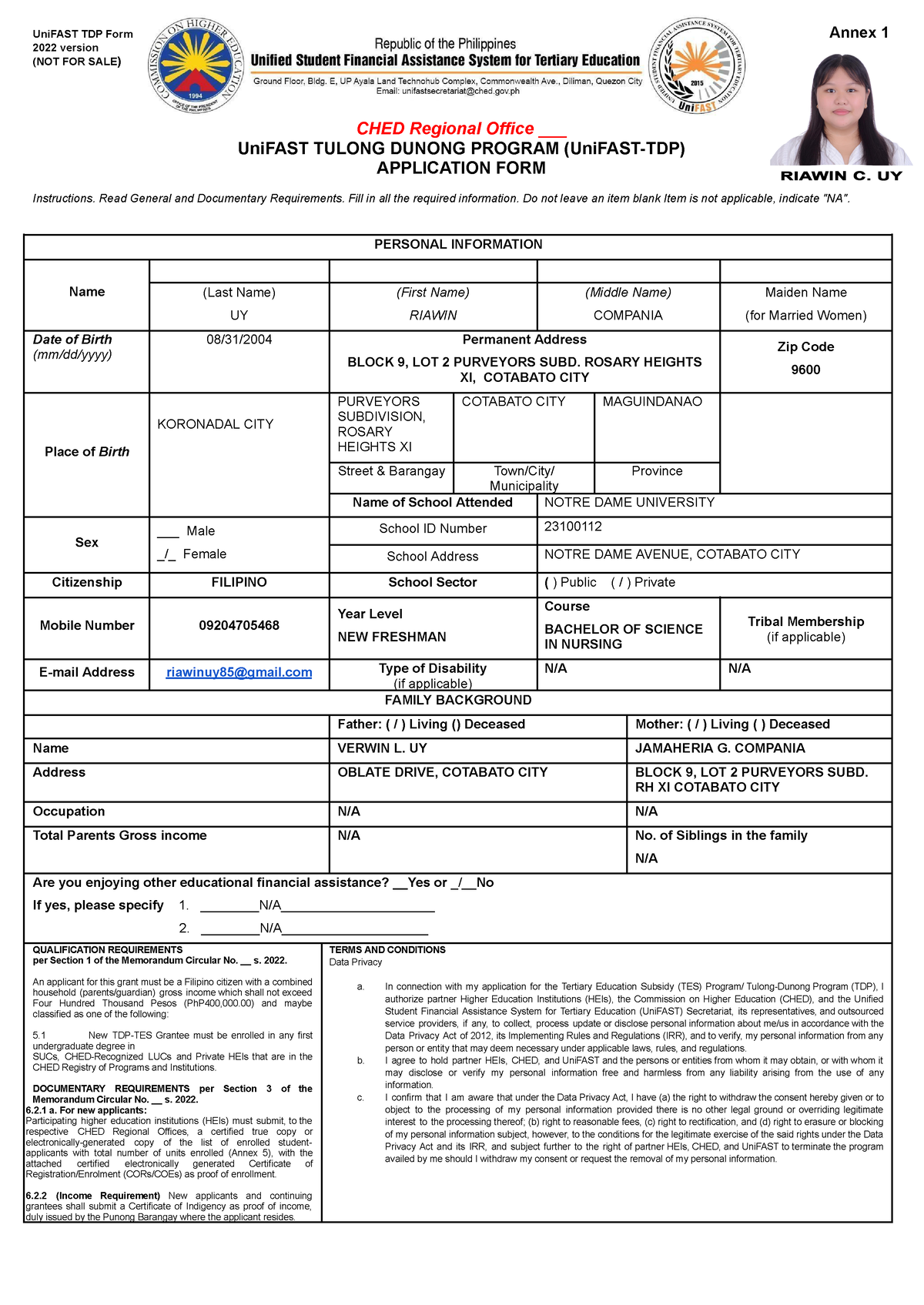 Copy Of Annex 1 Tdp Application Form New - Unifast Tdp Form Annex 1 