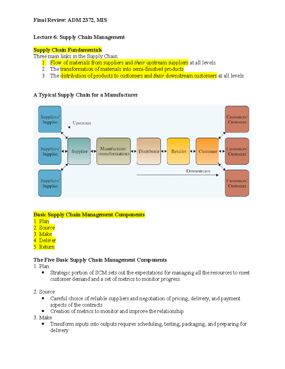 Final Review Adm 2372 - Final Review: ADM 2372, 6: Supply Chain Chain ...