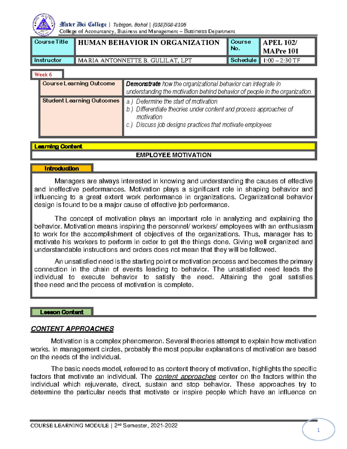 Learning Module Week 6 In Human Behaviour in Organization Midterm ...