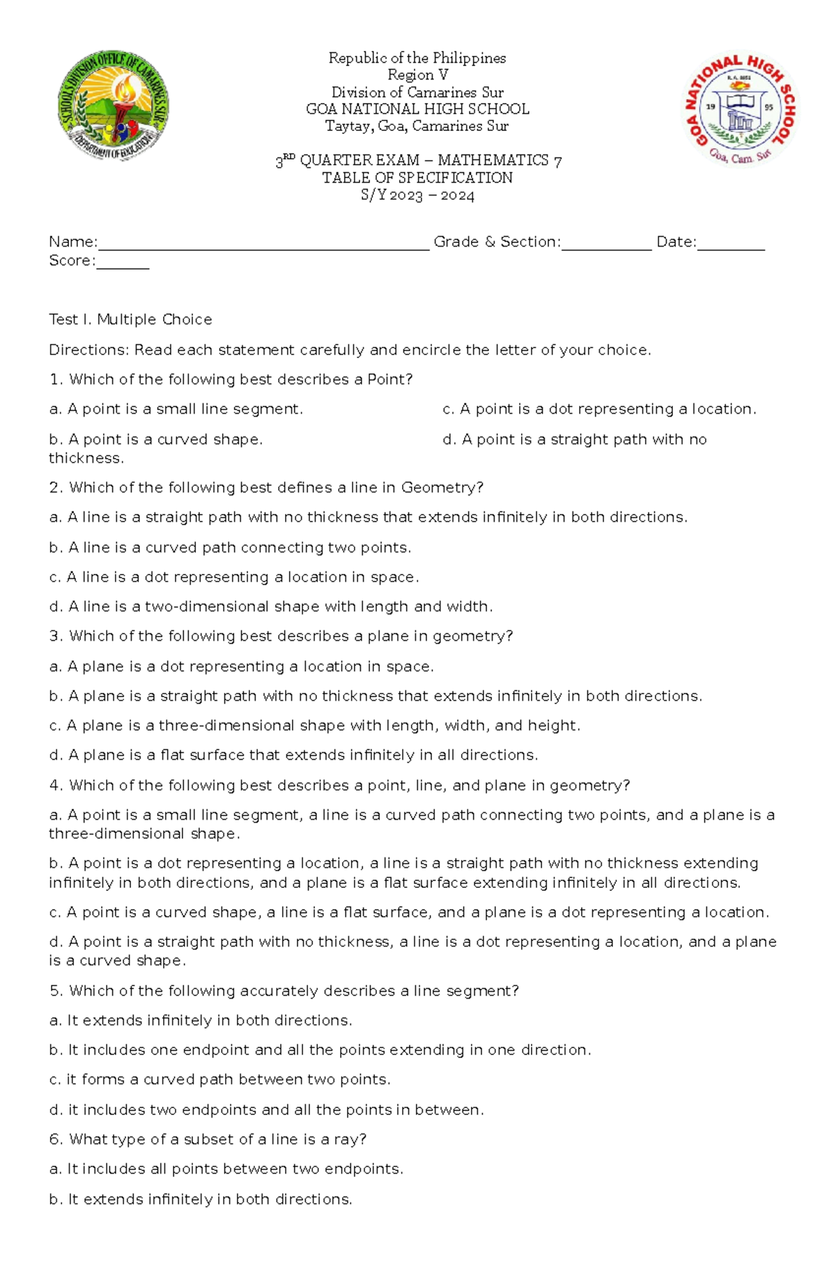 Test Questions Grade 7 Math - Republic of the Philippines Region V ...