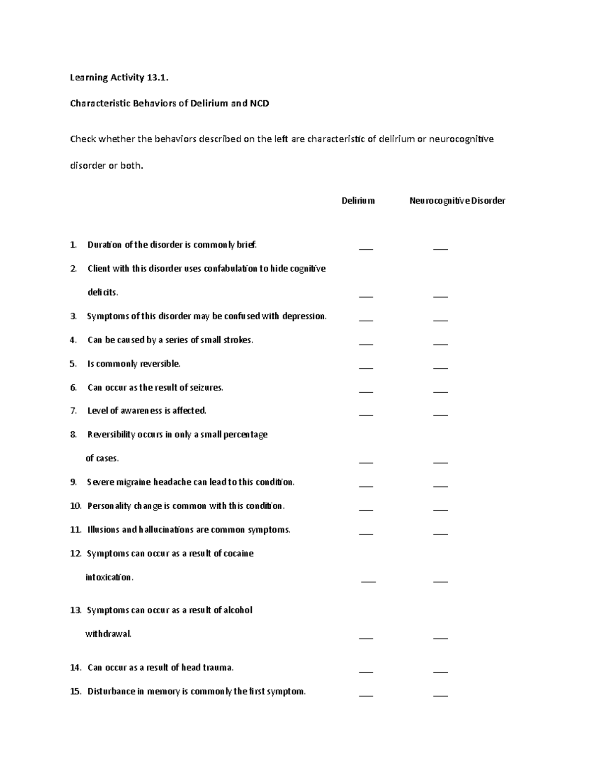 Neurocognitive disorder worksheet for students - Learning Activity 13 ...