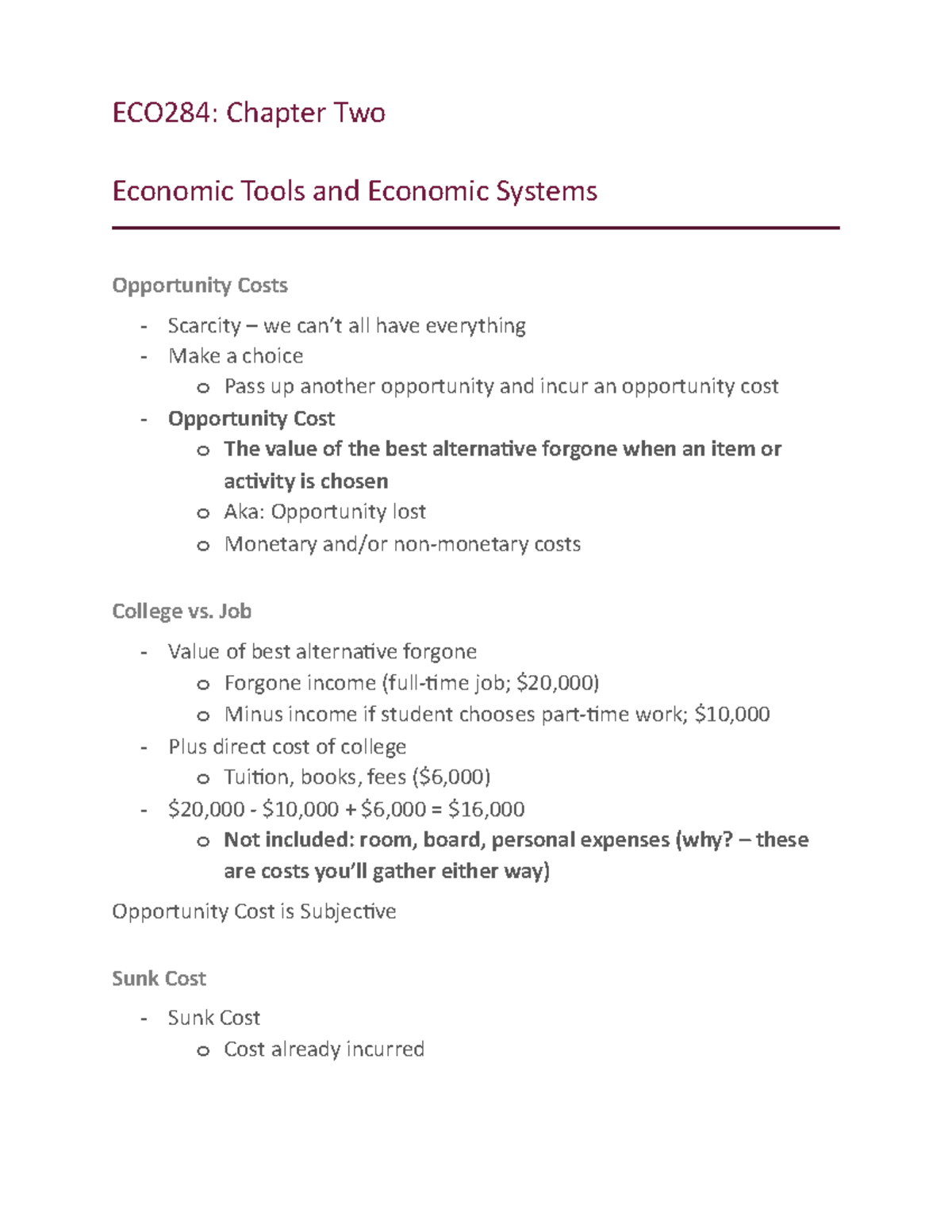ECO284 Chapter Two - Lecture notes 2 - ECO284: Chapter Two Economic ...