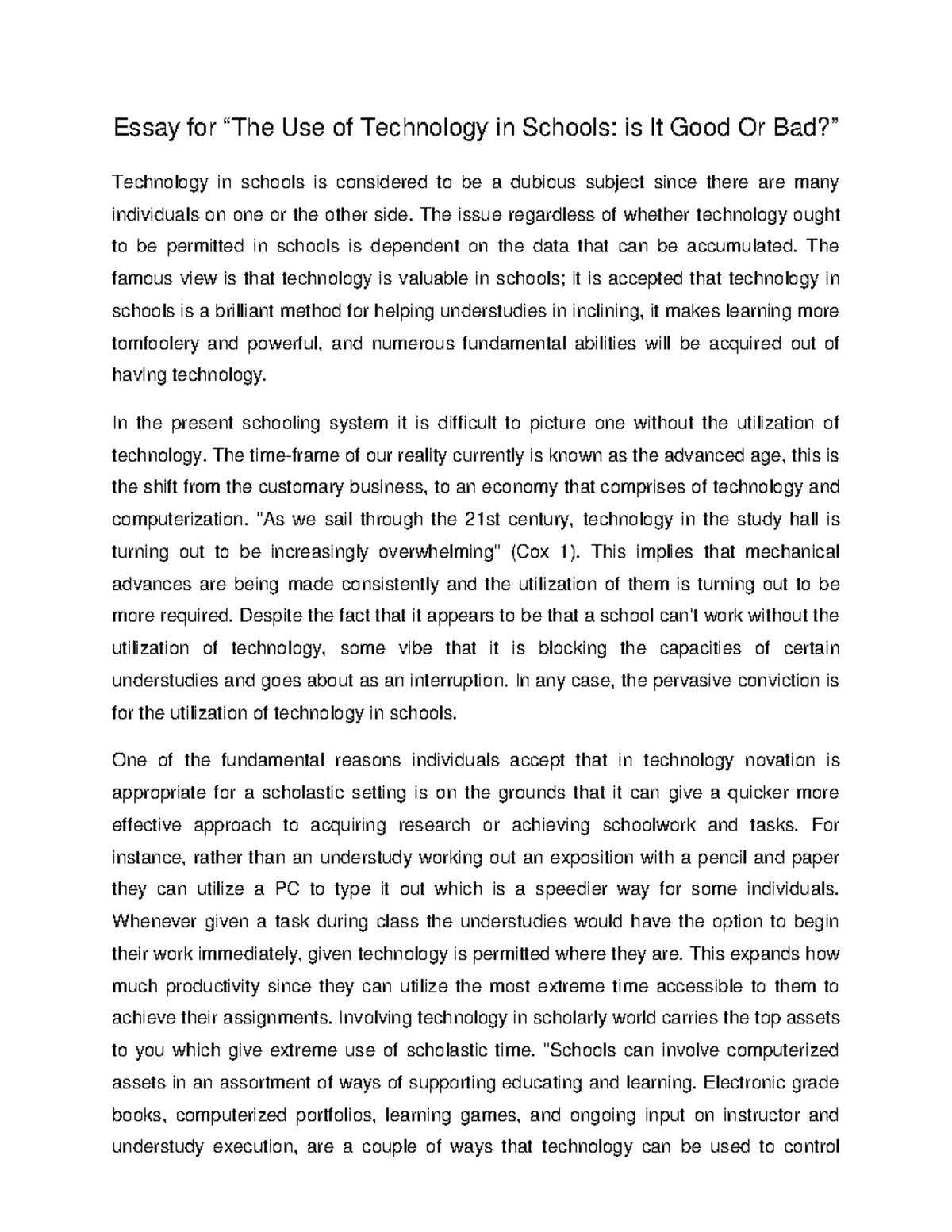 Essay for The Use of Technology in Schools is It Good Or Bad - Essay ...