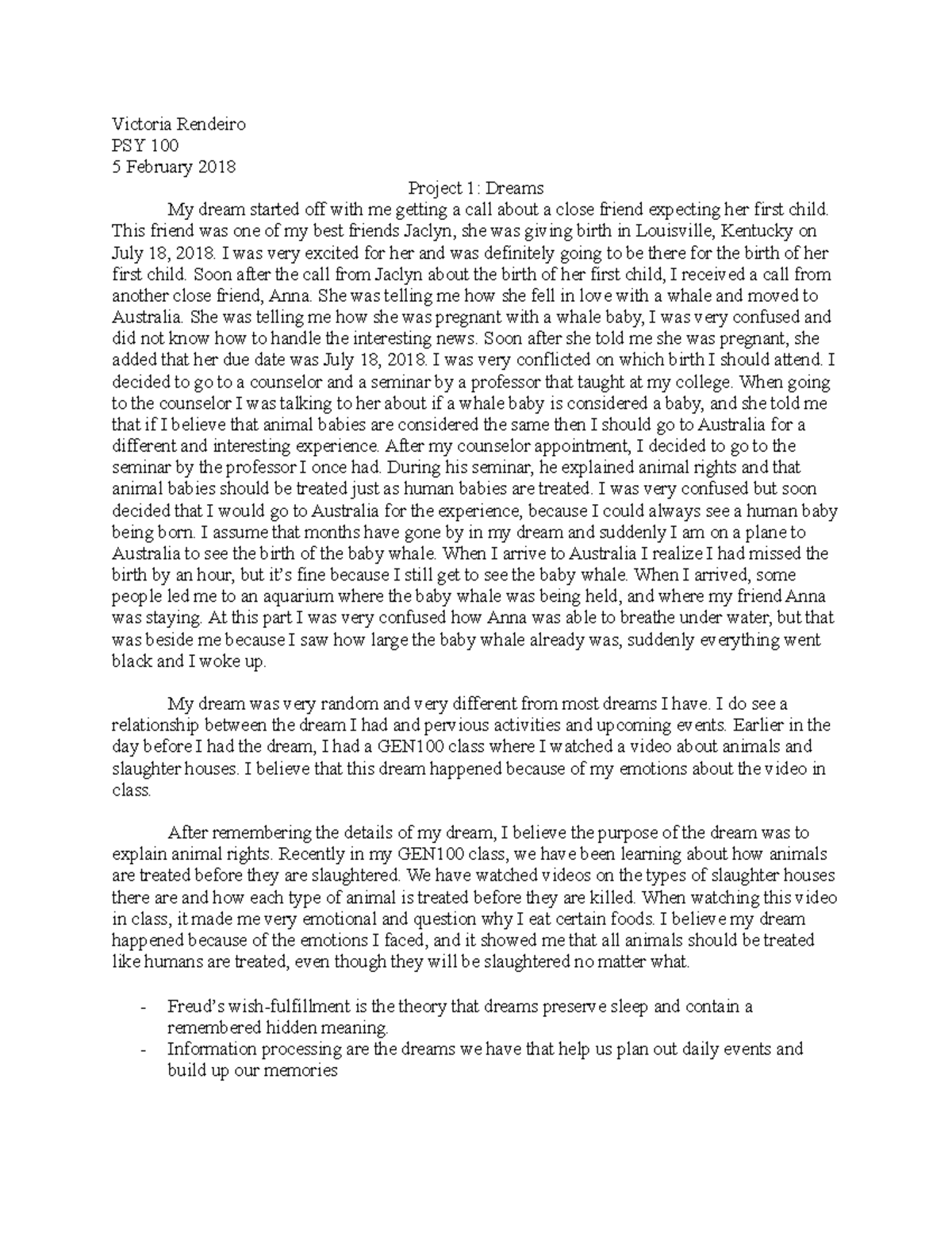 Dream project - Victoria Rendeiro PSY 100 5 February 2018 Project 1 ...
