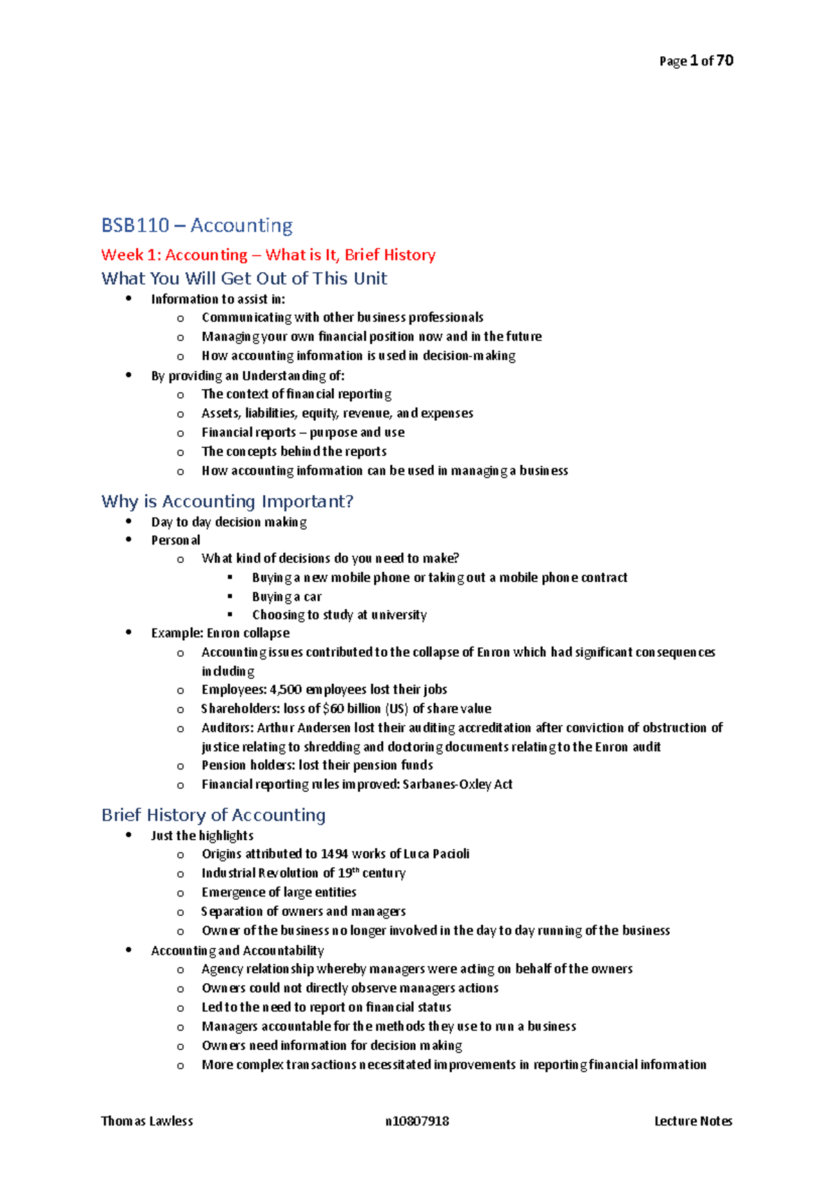 BSB110 Lecture Notes - BSB110 – Accounting Week 1: Accounting – What is ...