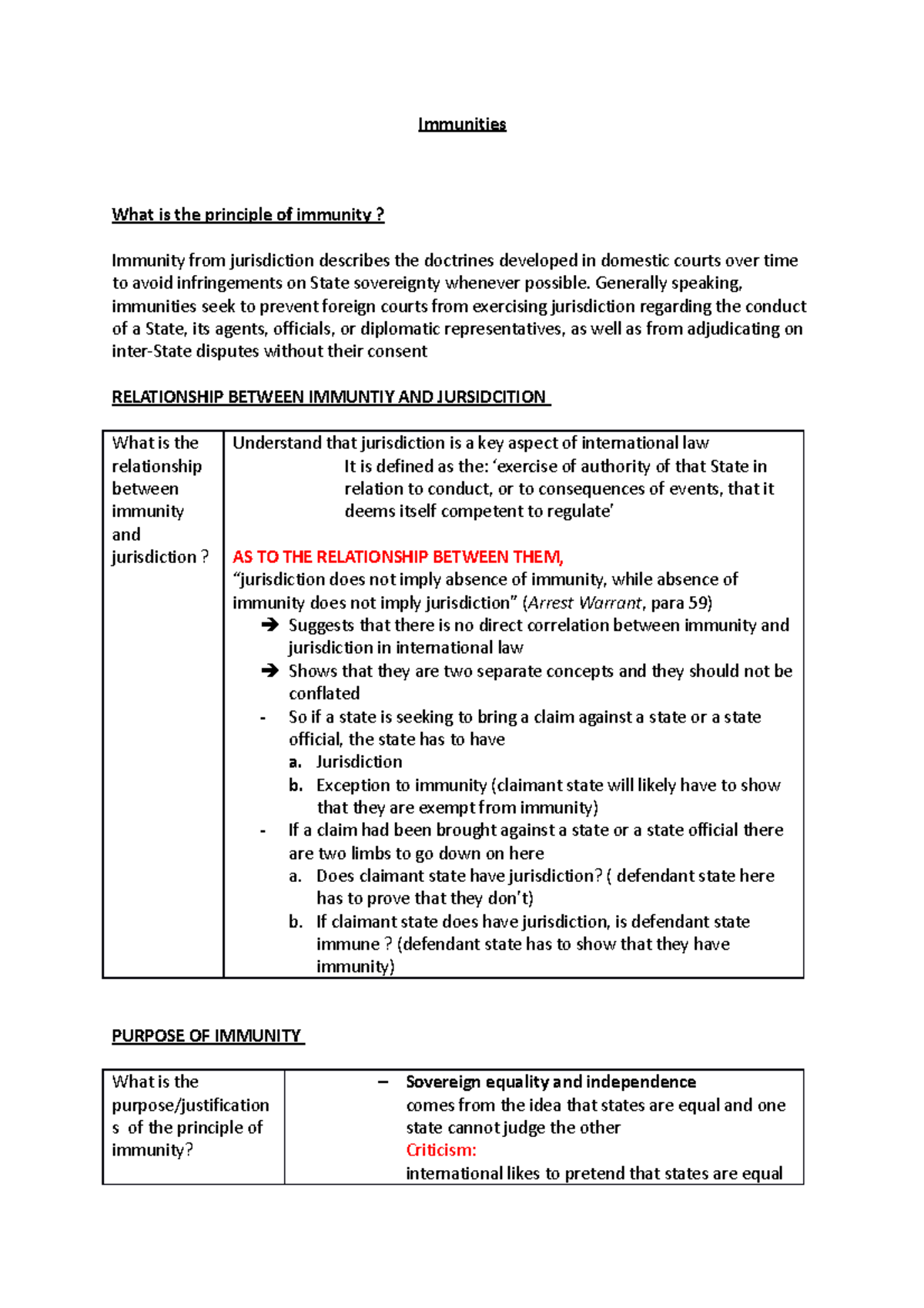 Immunities revision notes Immunities What is the principle of