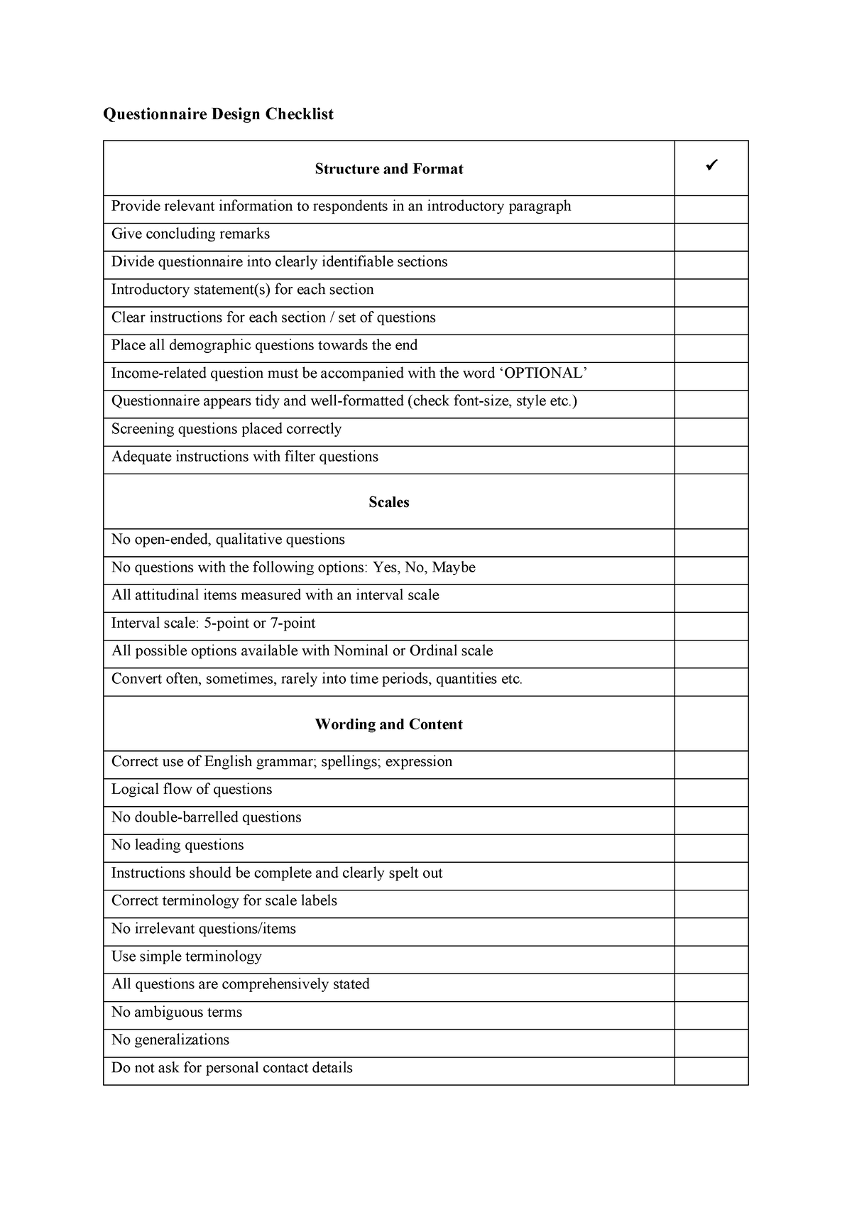 Questionnaire Design Checklist - Questionnaire Design Checklist ...