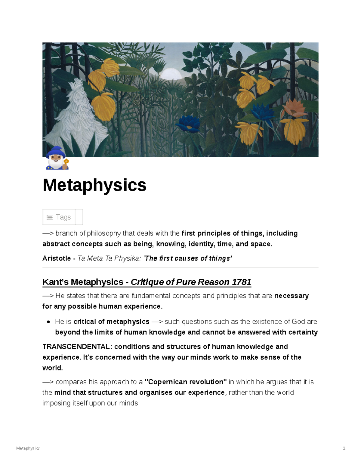 Metaphysics Lecture Notes Metaphysics Tags —> branch of philosophy that deals with the first