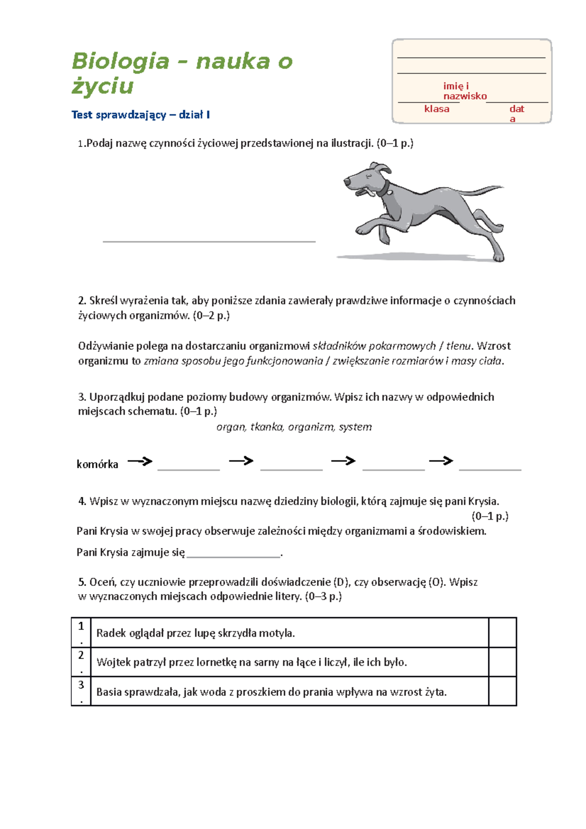 Test-biologia-nauka-o-zyciu - 1 Nazwę Czynności życiowej Przedstawionej ...