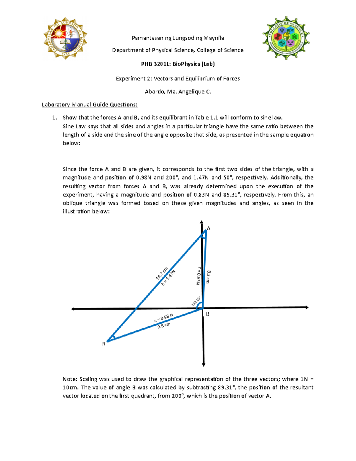 Experiment 2 Vectors and Equilibrium of Forces Guide Questions ...