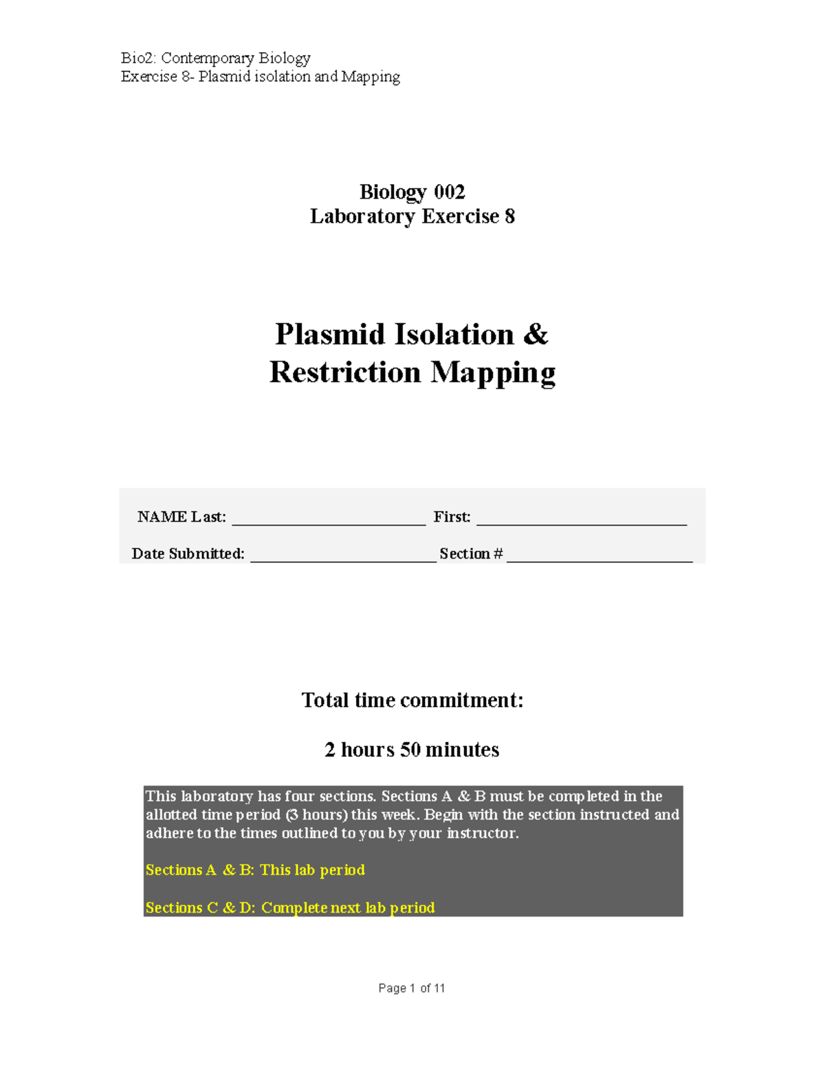 Bio002 LAB 8 Plasmid DNA prep - Exercise 8- Plasmid isolation and ...