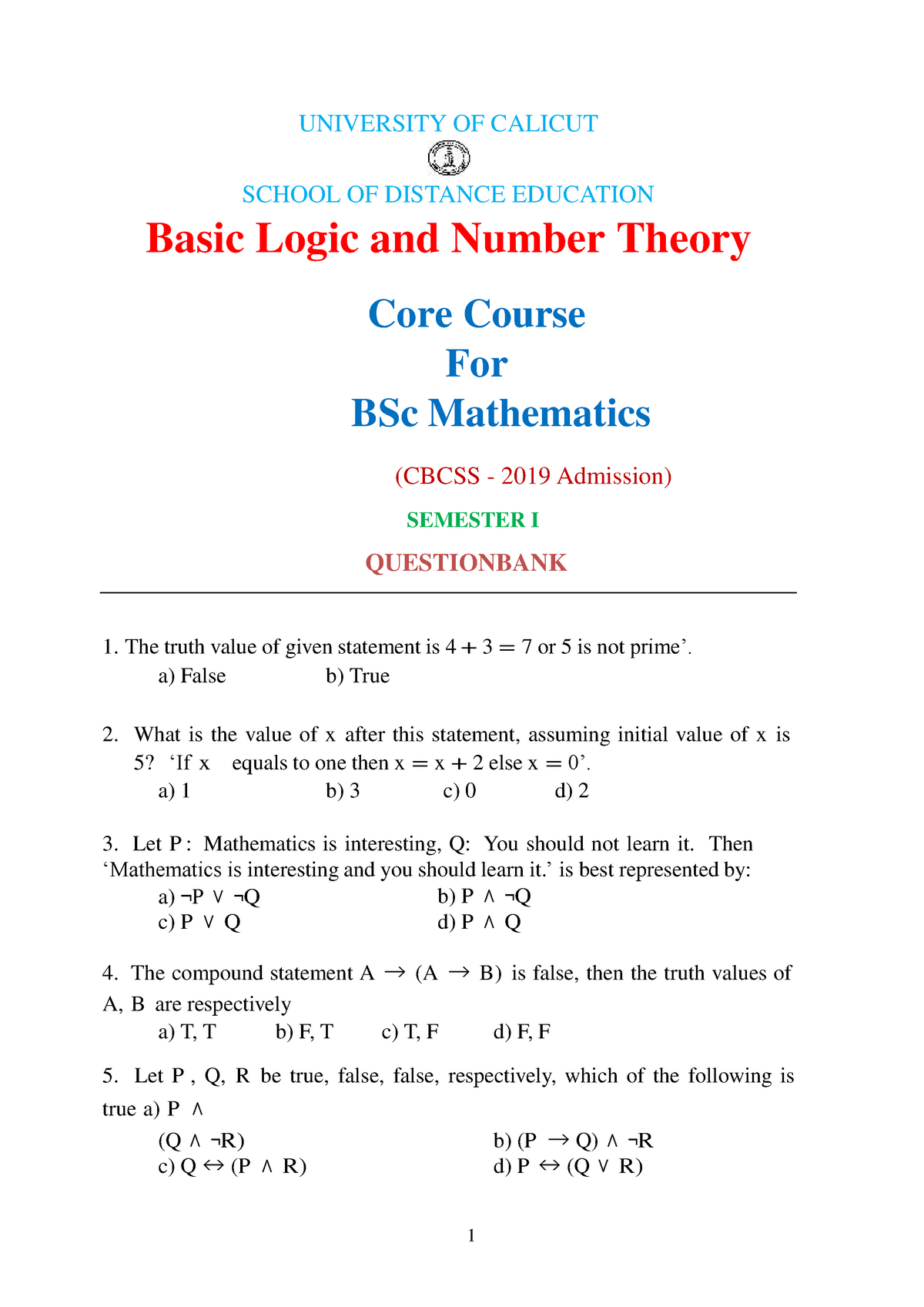 MCQ-Basic Logic And Number Theory (B.Sc . Mathematics) - UNIVERSITY OF ...