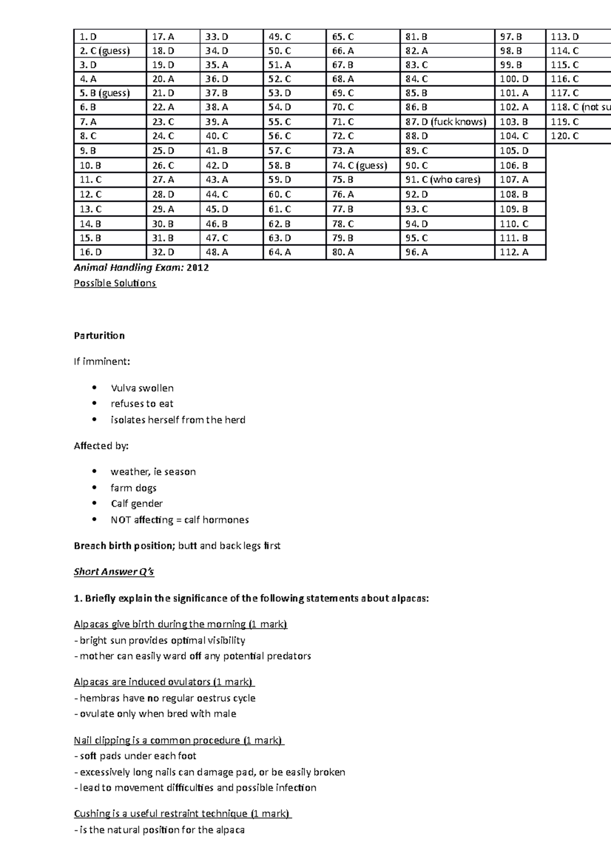 Animal Handling Exam, possible solns 1. D 17. A 33. D 49. C 65. C 81
