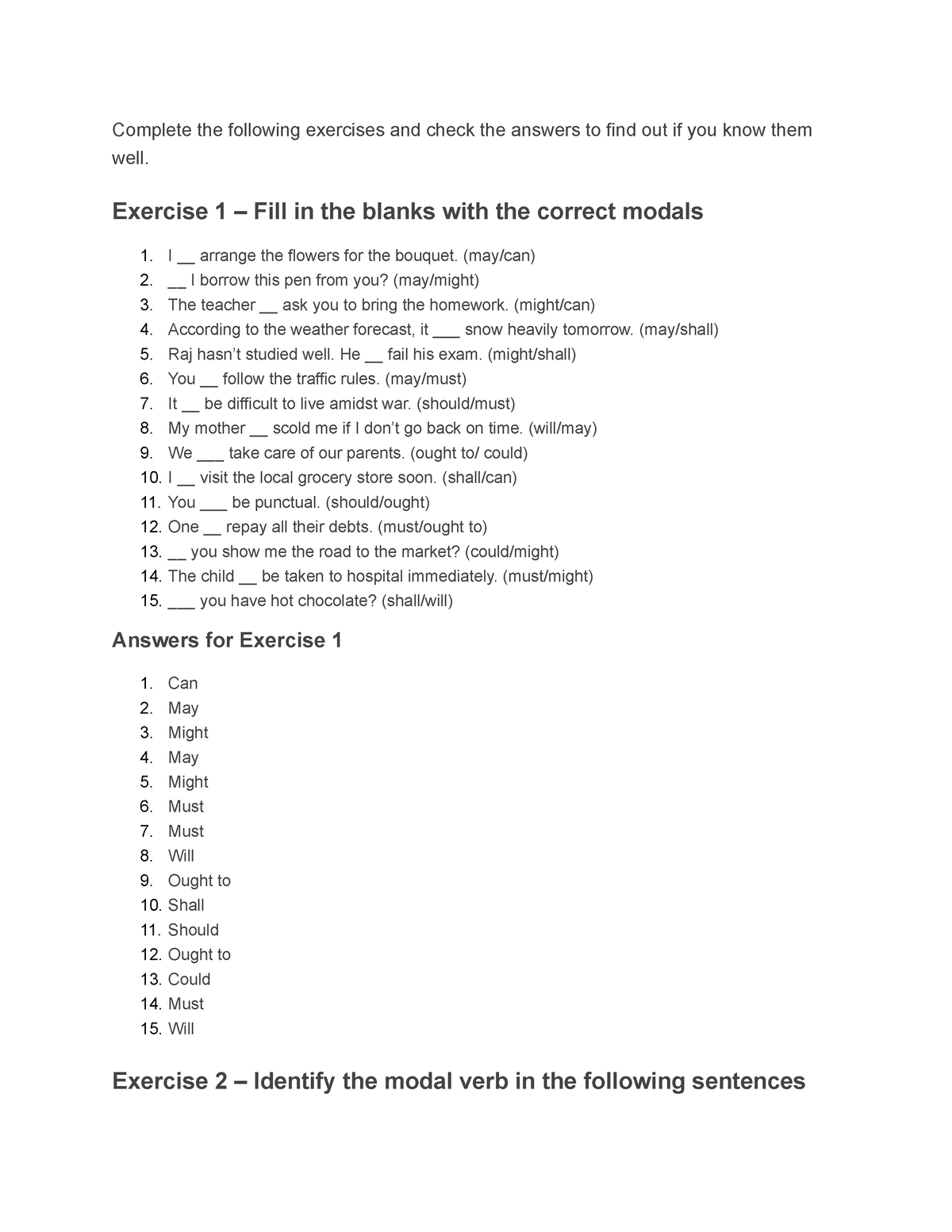 Modals Quiz Bee - Complete The Following Exercises And Check The ...