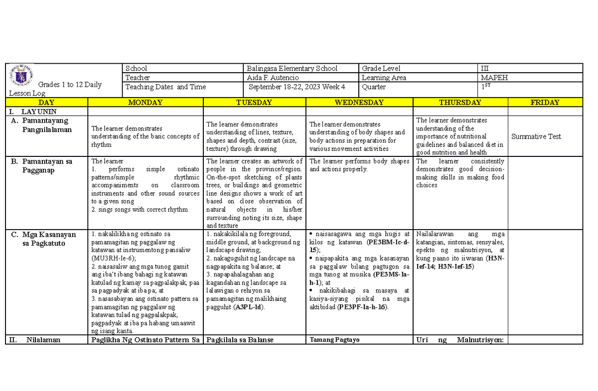 Dll quarter 1 week 4 mapeh - Grades 1 to 12 Daily Lesson Log School ...